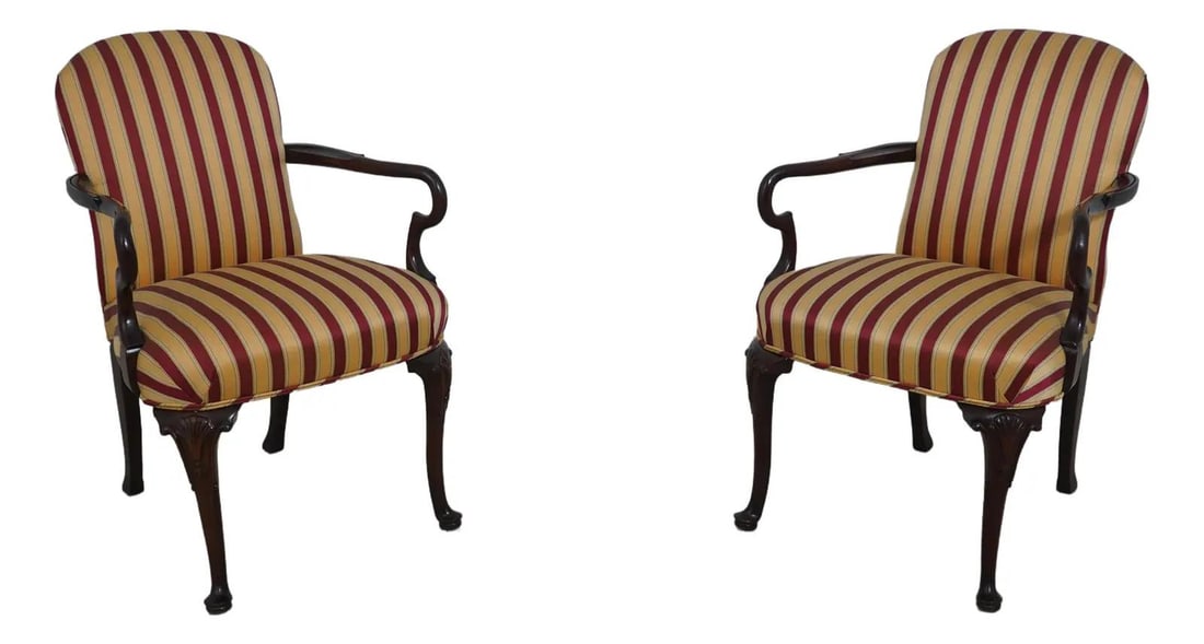 Elegant Pair of Baker Mahogany Upholstered Armchairs: Elegant Pair of Baker Mahogany Upholstered Armchairs This exquisite pair of Baker mahogany upholstered armchairs features a clean striped upholstery that adds a touch of elegance to any room. Crafted 