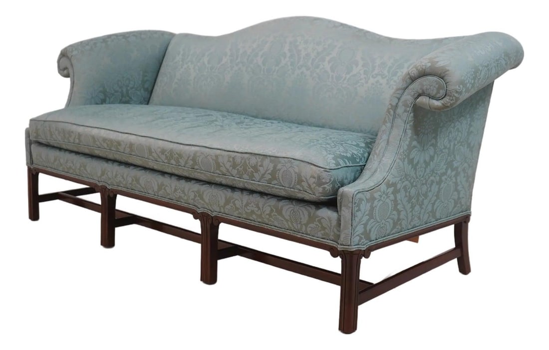 Chippendale Style Bluish-Green Damask Sofa with Down Cushion: Chippendale Style Bluish-Green Damask Sofa with Down Cushion This Chippendale style sofa features high-quality construction with a stretcher base frame and clean bluish-green damask upholstery. The do