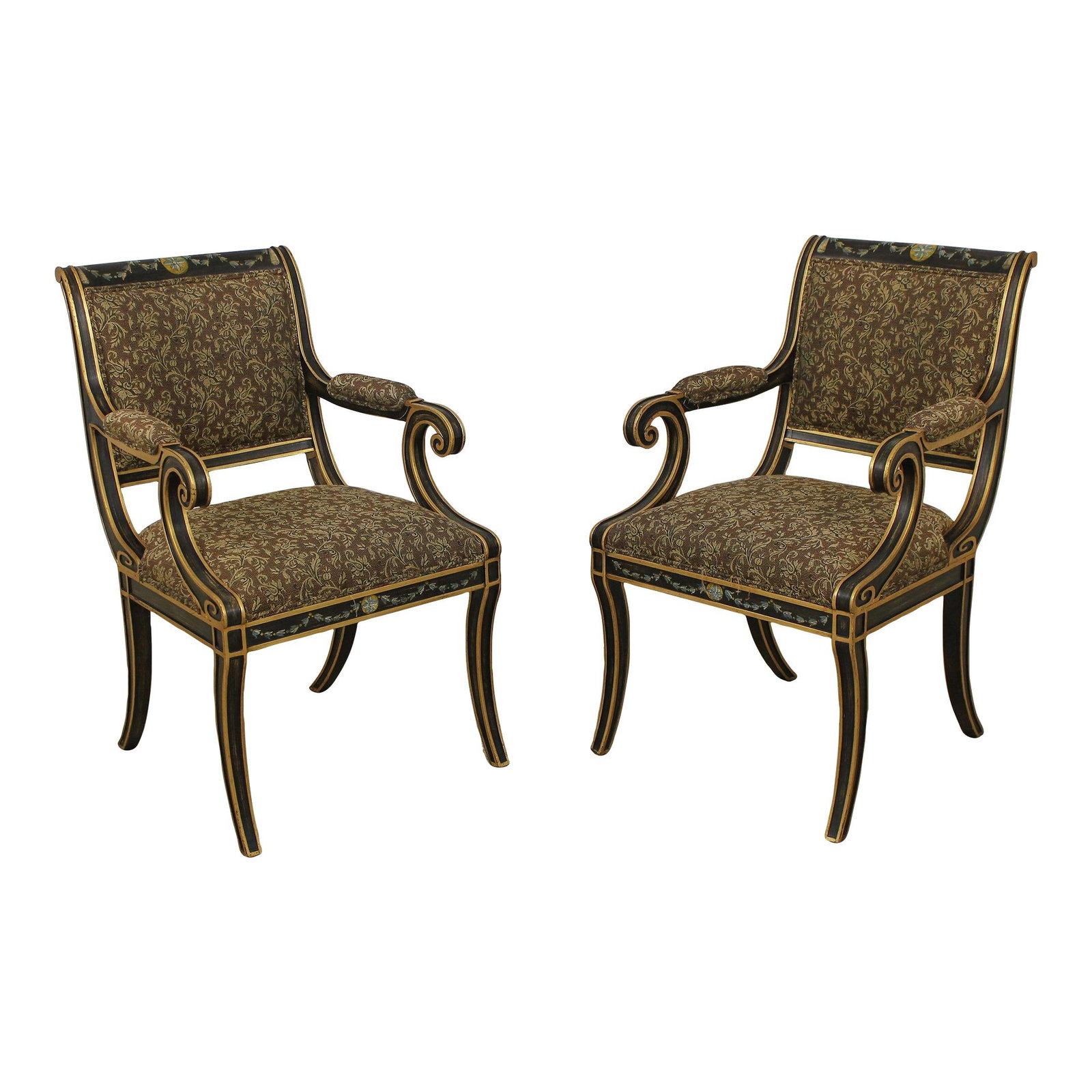 Elegant Pair of Regency Style Gold Accented Open Armchairs: Elegant Pair of Regency Style Gold Accented Open Armchairs This elegant pair of Regency-style open armchairs showcases exquisite craftsmanship with their nice scrolled arms and sabre legs. The chairs 