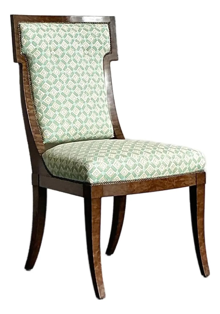 Upholstered Burlwood Side Chair with Patterned Fabric and Shaped Backrest: Upholstered Burlwood Side Chair with Patterned Fabric and Shaped Backrest This vintage boho burl wood desk chair features a dark wood frame with elegantly crafted legs and a gracefully shaped backrest