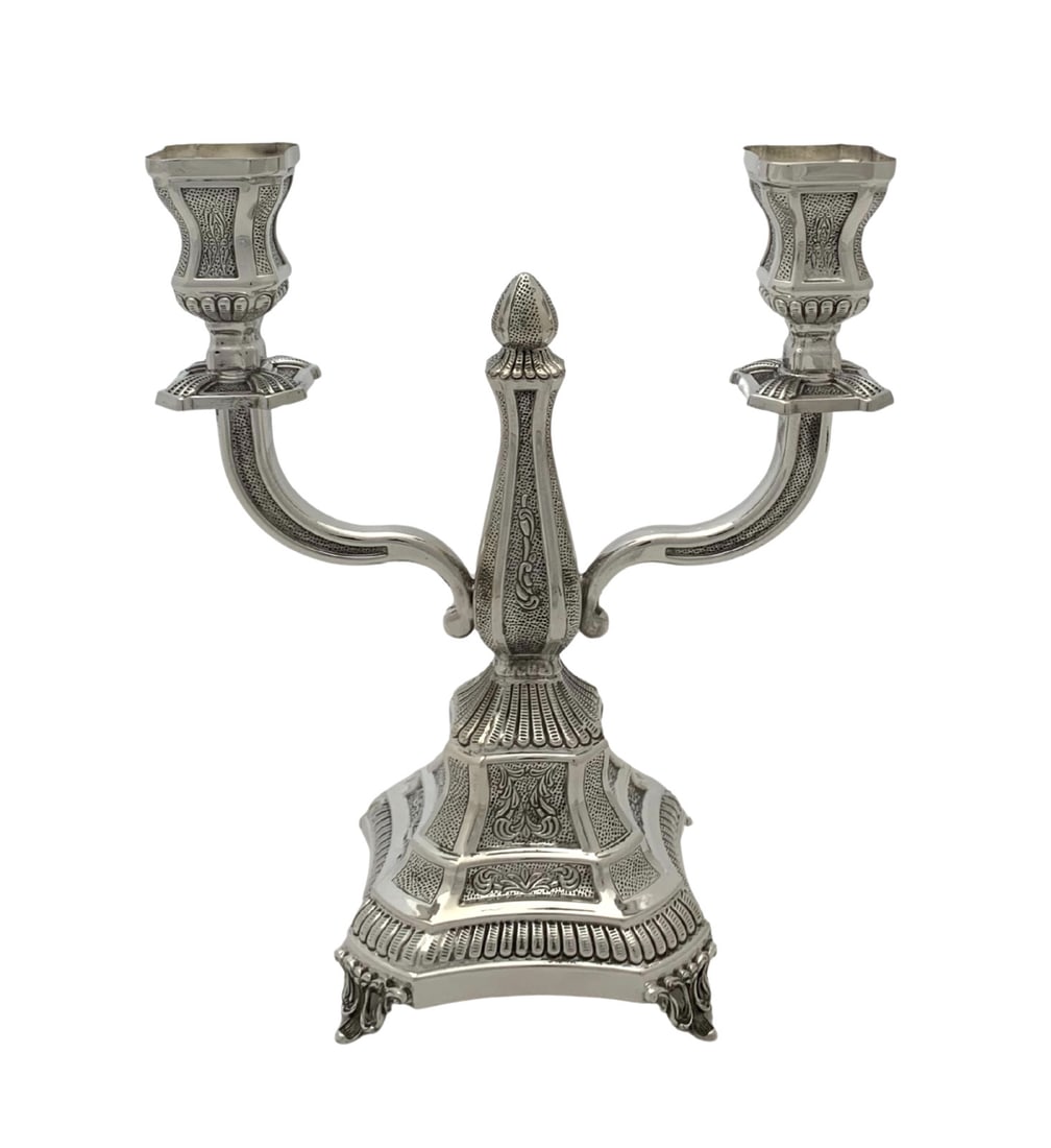 Handmade 925 Sterling Silver 2 Light Candelabra with Chased Swirl Design: Handmade 925 Sterling Silver 2 Light Candelabra with Chased Swirl Design This exquisite 2-light candelabra is crafted from fine 925 sterling silver, showcasing a stunning handmade chased swirl ornate 