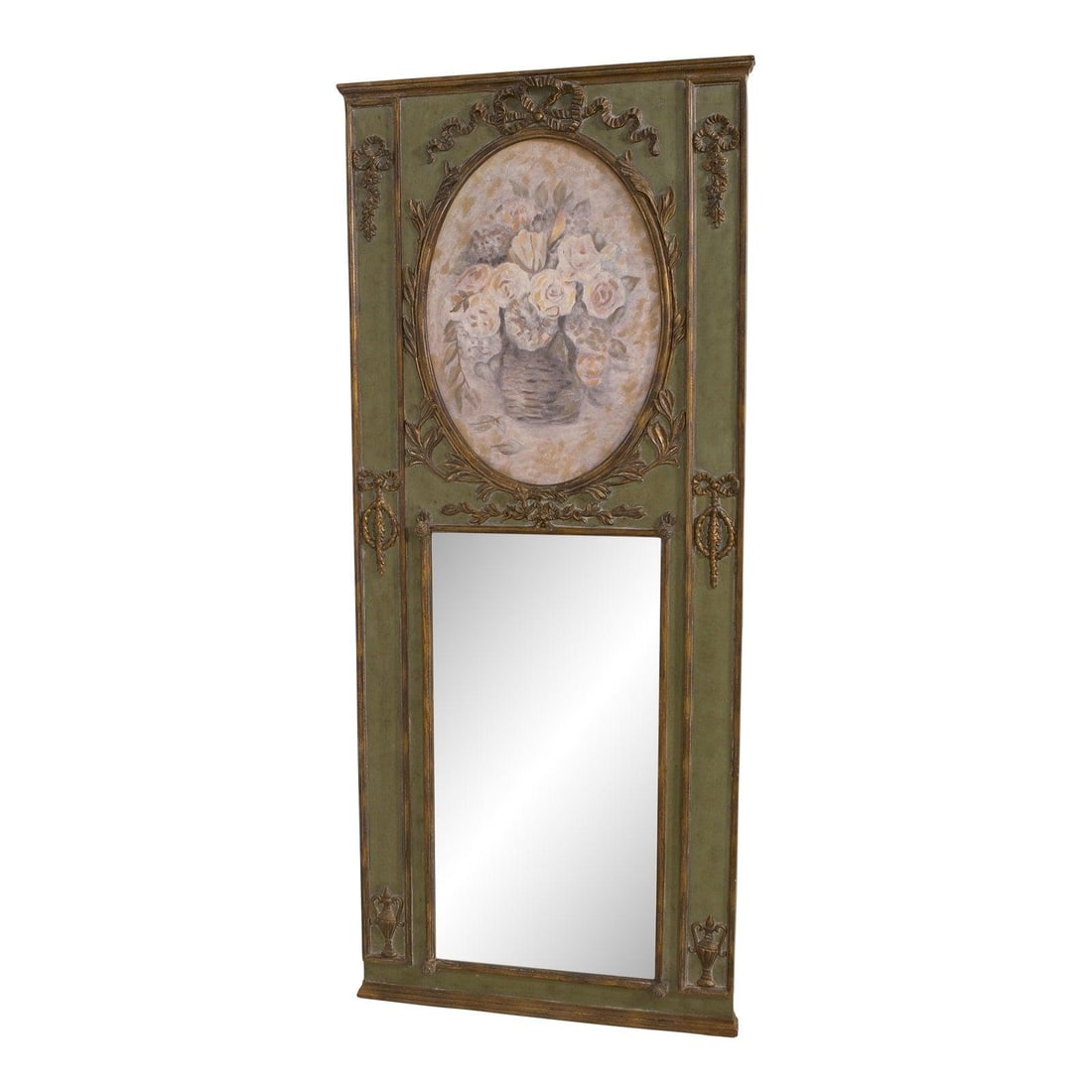 Elegant French Louis XV Trumeau Mirror Green Painted Frame: Elegant French Louis XV Trumeau Mirror Green Painted Frame This stunning French Louis XV Style Trumeau Mirror features a beautifully painted decorative panel and a nice green frame that adds a touch o