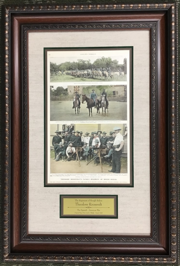 1898 Theodore Roosevelt Rough Riders Leslie's Weekly Custom Framed Art: 1898 Theodore Roosevelt Rough Riders Leslie's Weekly Custom Framed Art This custom framed piece features an original 1898 edition of Leslie's Weekly, highlighting President Theodore Roosevelt and his 