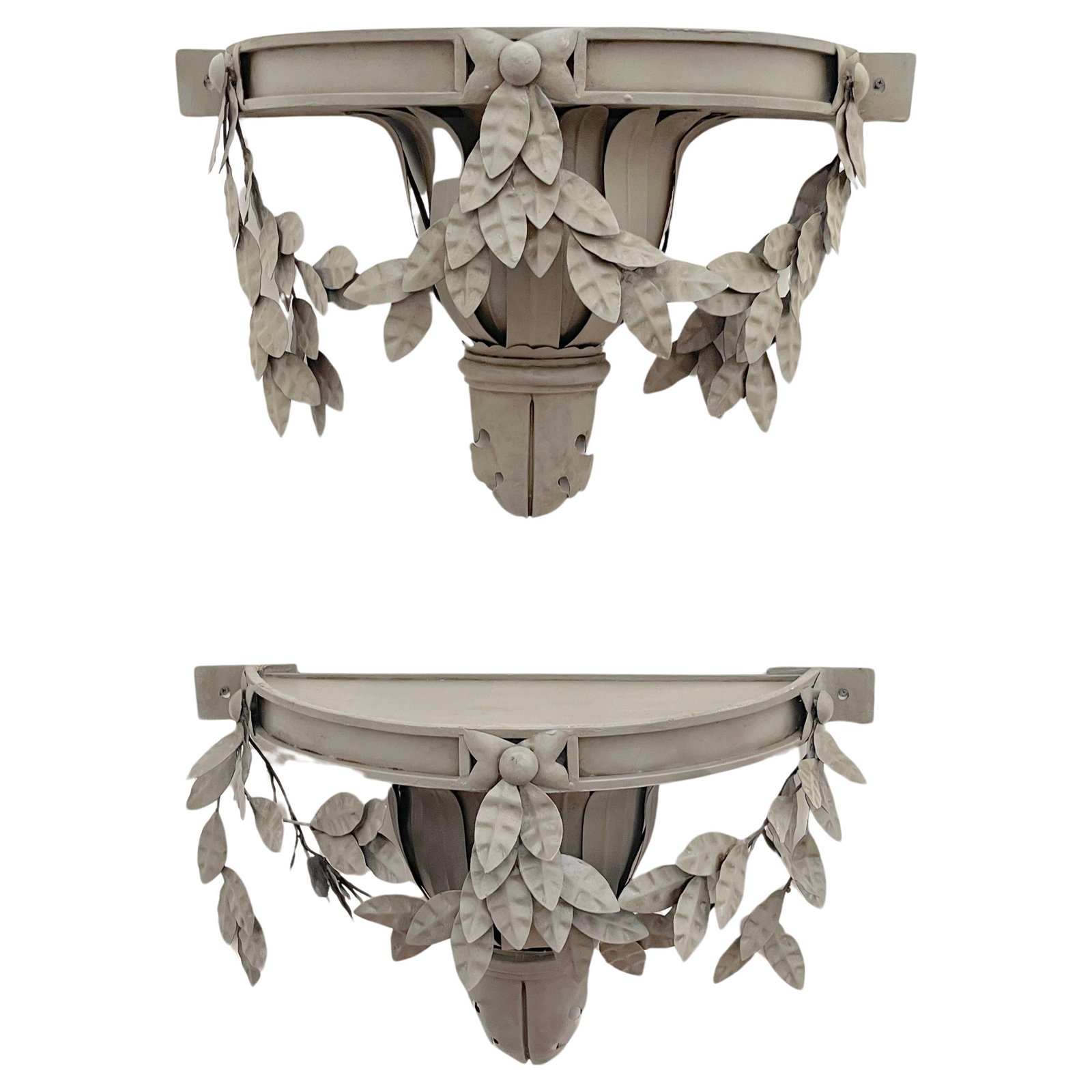 Set of 2 Swedish Gray Neoclassical Tole Wall Brackets Shelves 20th Century: Set of 2 Swedish Gray Neoclassical Tole Wall Brackets Shelves 20th Century Elevate your home decor with this stunning pair of Swedish Gray Neoclassical Tole Wall Brackets/Shelves from 20th-century Eur