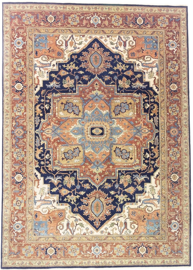 Hand-Knotted Wool Area Rug Modern Heriz Serapi Design 9'11 x 13'9: Hand-Knotted Wool Area Rug Modern Heriz Serapi Design 9'11 x 13'9 This extra large Heriz Serapi oriental rug features a hand-knotted construction in a geometric, tribal pattern. Crafted from wool, it 