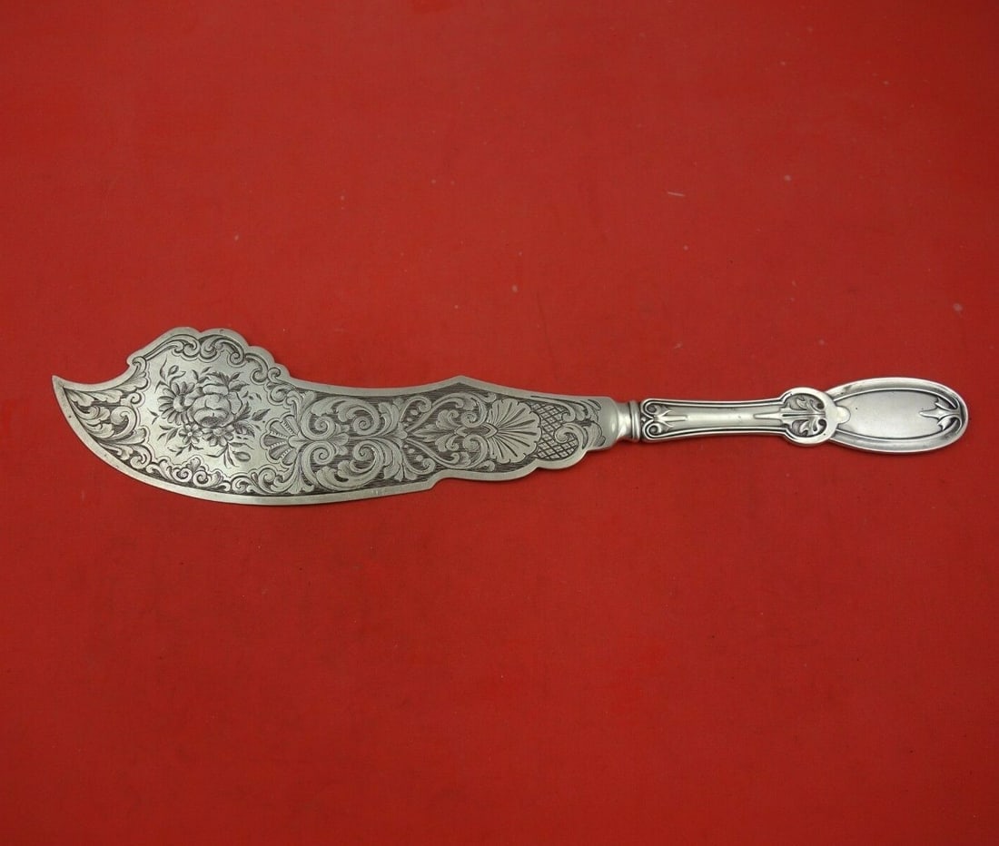 Whiting Gibney Sterling Silver Fish Serving Knife Bright-Cut Chasing: Whiting Gibney Sterling Silver Fish Serving Knife Bright-Cut Chasing This exquisite fish serving knife is a part of the Gibney pattern by Whiting, crafted from high-quality sterling silver. The knife 