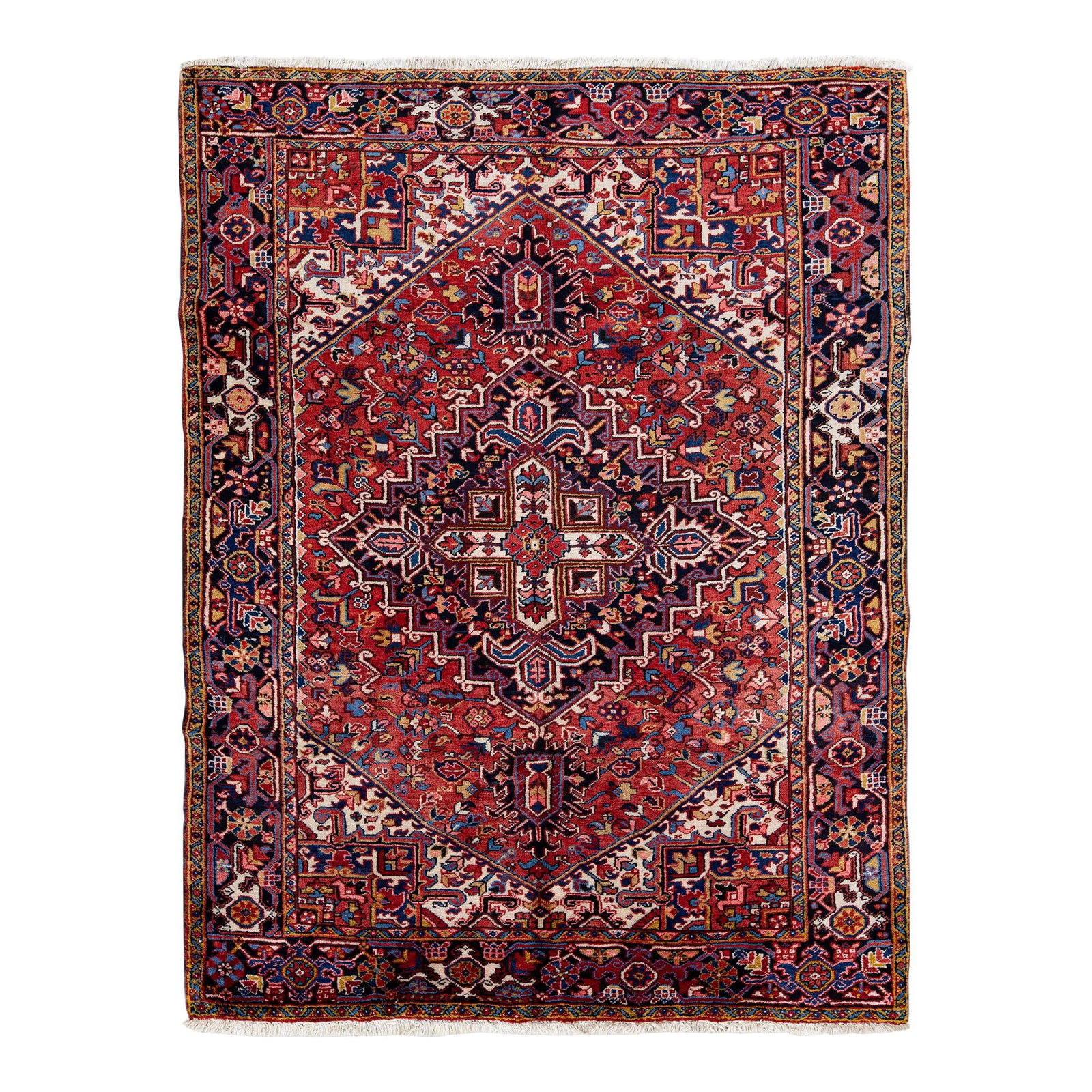 Antique Heriz Handmade Wool Rug 7' x 9' Red Medallion Design: Antique Heriz Handmade Wool Rug 7' x 9' Red Medallion Design This stunning antique Persian Heriz rug features a striking red field adorned with a beautiful all-over medallion floral design. The intric