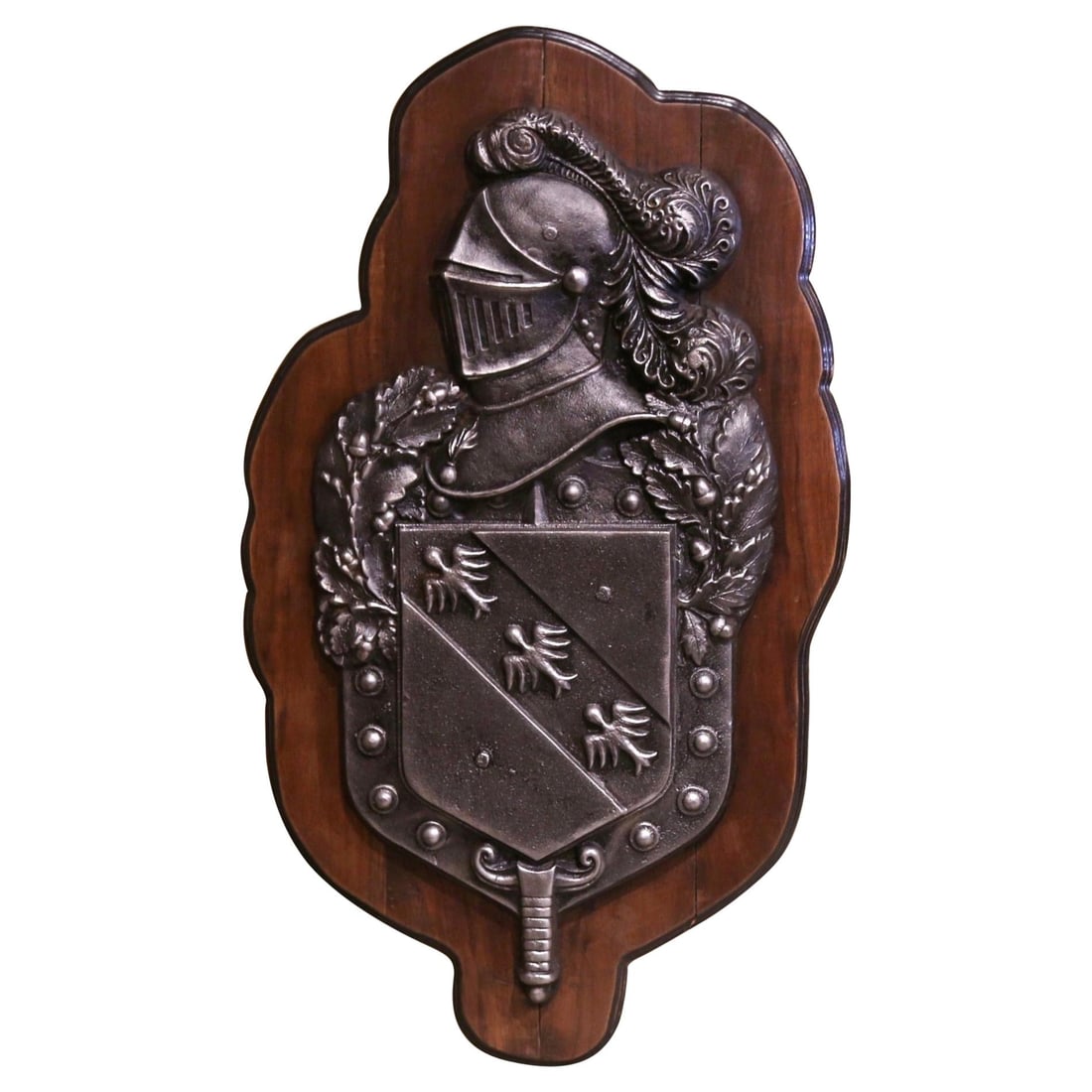 19th Century French Renaissance Iron Crest on Walnut Plaque: 19th Century French Renaissance Iron Crest on Walnut Plaque This stunning 19th Century French Renaissance Style wall plaque brings a touch of historical elegance to any study or office. Crafted in Fra