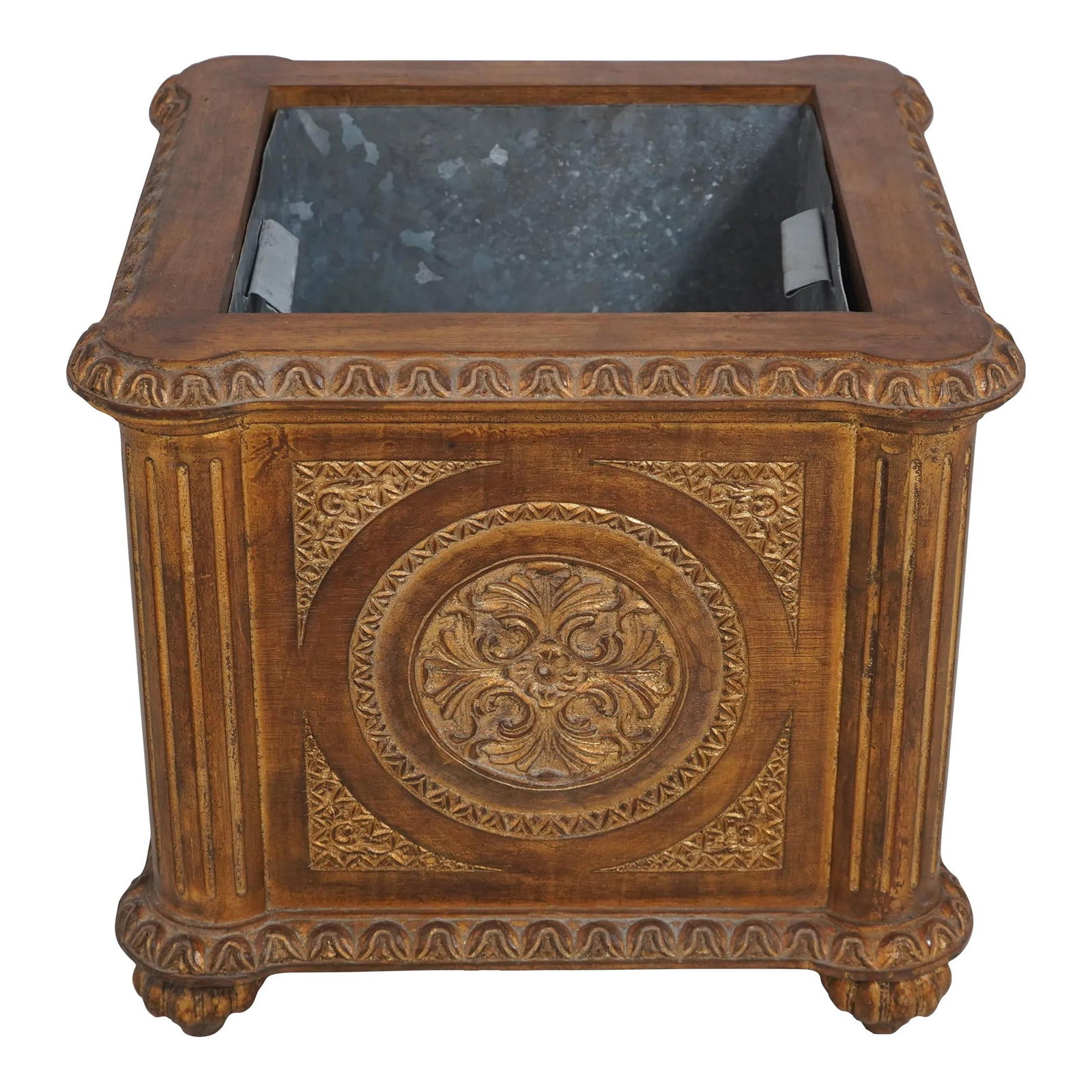 Ornate Neoclassical Wood Planter Box Antique Gold Finish: Ornate Neoclassical Wood Planter Box Antique Gold Finish Add a touch of elegance to your home with this stunning Neoclassical Carved Wood Planter Box, featuring an antique gold finish that exudes soph