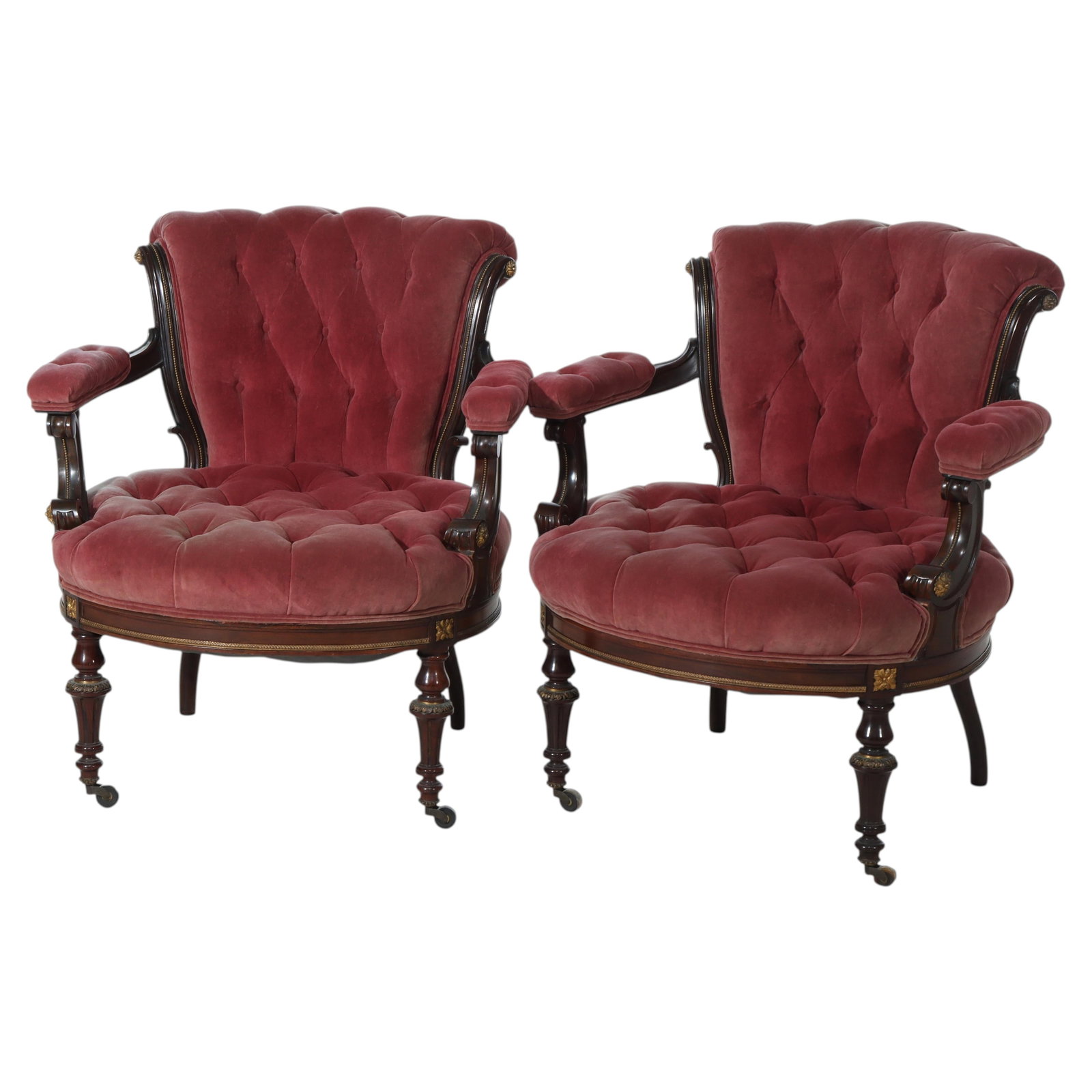 Set of Two Rosewood Renaissance Revival Parlor Armchairs Circa 1890: Set of Two Rosewood Renaissance Revival Parlor Armchairs Circa 1890 This pair of antique Renaissance Revival parlor chairs, dating to circa 1890, are expertly crafted from rosewood and feature intrica