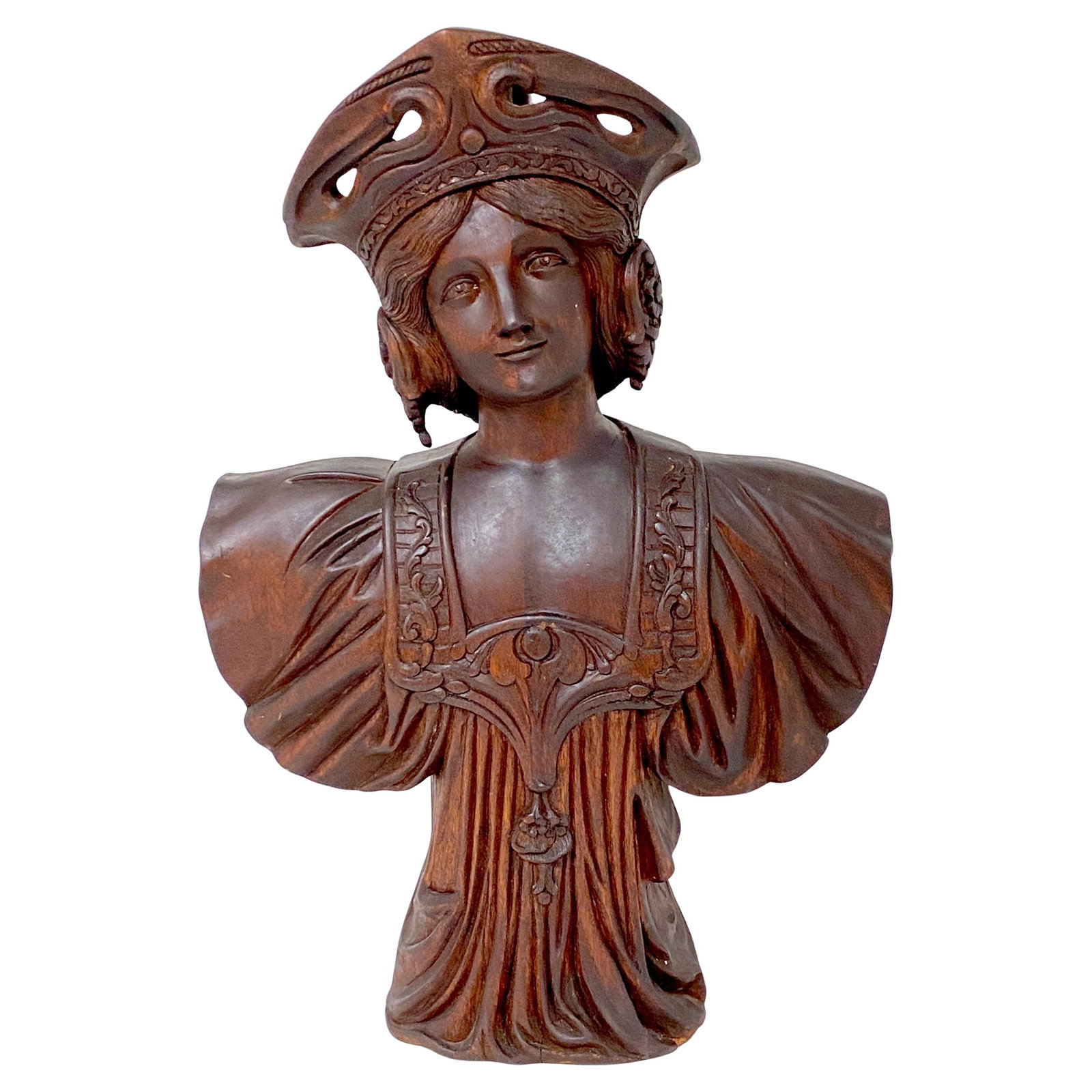 Art Nouveau Walnut Sculpture of Russian Maiden with Kokoshnik Headdress: Art Nouveau Walnut Sculpture of Russian Maiden with Kokoshnik Headdress This exquisite Art Nouveau carved wood portrait captures the essence of a Russian maiden adorned with a traditional kokoshnik he