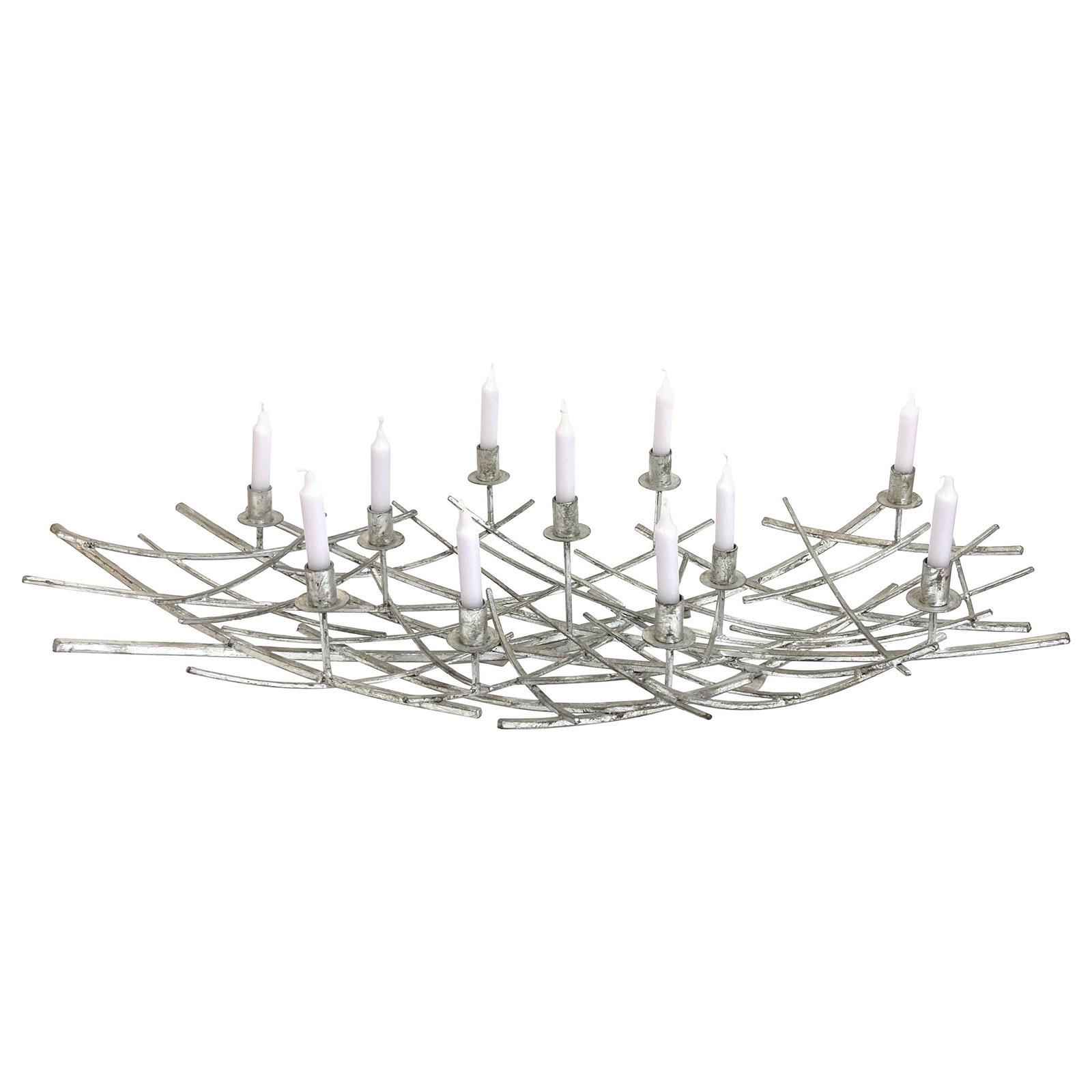 1980s French Modern 12-Light Silvered Metal Kinetic Candelabra: 1980s French Modern 12-Light Silvered Metal Kinetic Candelabra This stunning 12-Light French Modern Kinetic Candelabra Centerpiece is a remarkable addition to any decor. Originating from France in the