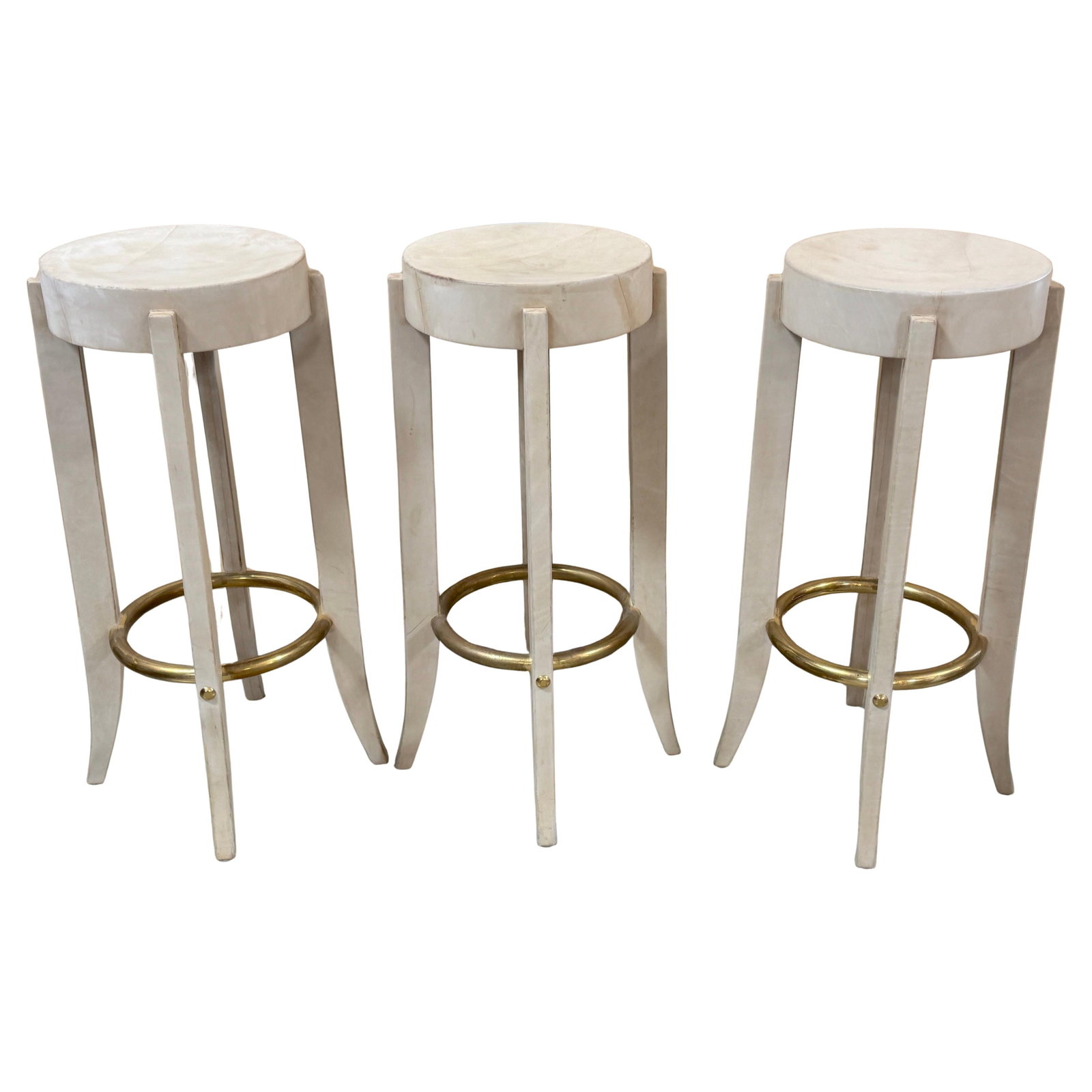 Set of 3 Karl Springer Patinated Leather Brass Barstools 1990: Set of 3 Karl Springer Patinated Leather Brass Barstools 1990 This exquisite set of three barstools, designed by the renowned Karl Springer in 1990, showcases a stunning combination of patinated leath