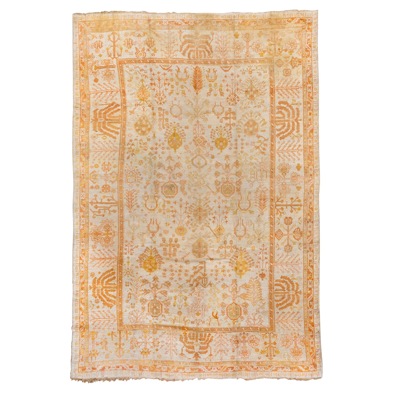 Large Antique Turkish Oushak Ivory Wool Rug Late 19th Century: Large Antique Turkish Oushak Ivory Wool Rug Late 19th Century This large antique Turkish Oushak rug from the late 19th century features an ivory field and is hand-woven from wool. Its room-size dimens