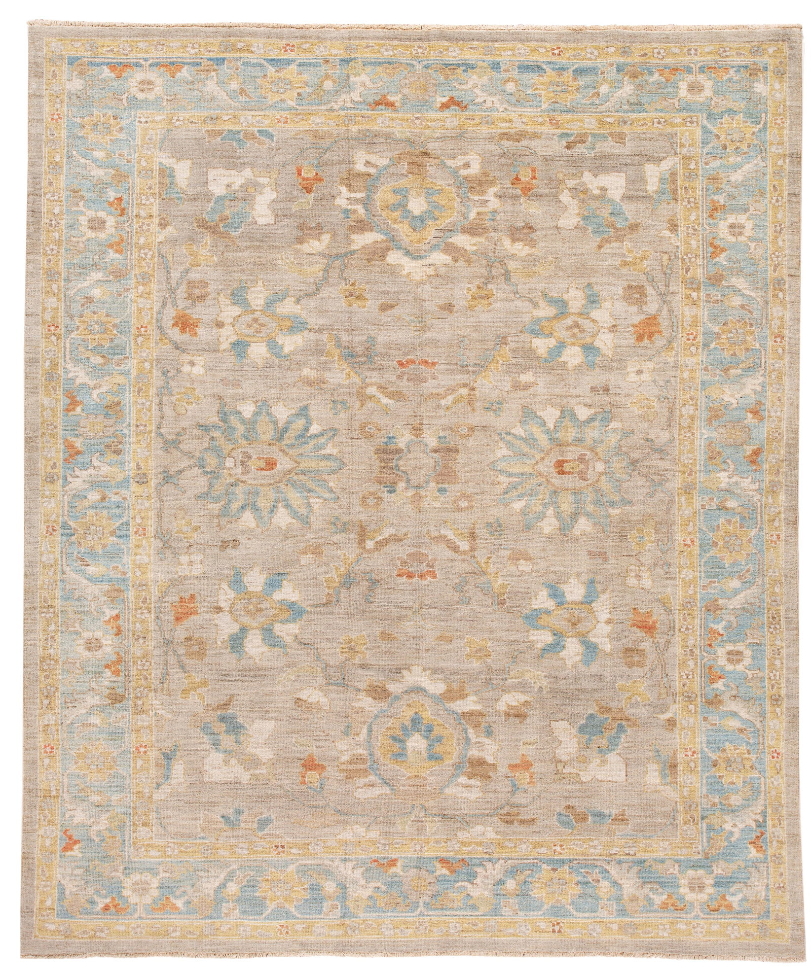 Modern Sultanabad Wool Rug 8'8 x 10'2 Tan Blue Ivory Design: Modern Sultanabad Wool Rug 8'8 x 10'2 Tan Blue Ivory Design Enhance your living space with this stunning 21st Century Modern Sultanabad Wool Rug. Hand-knotted from high-quality wool, this contemporary