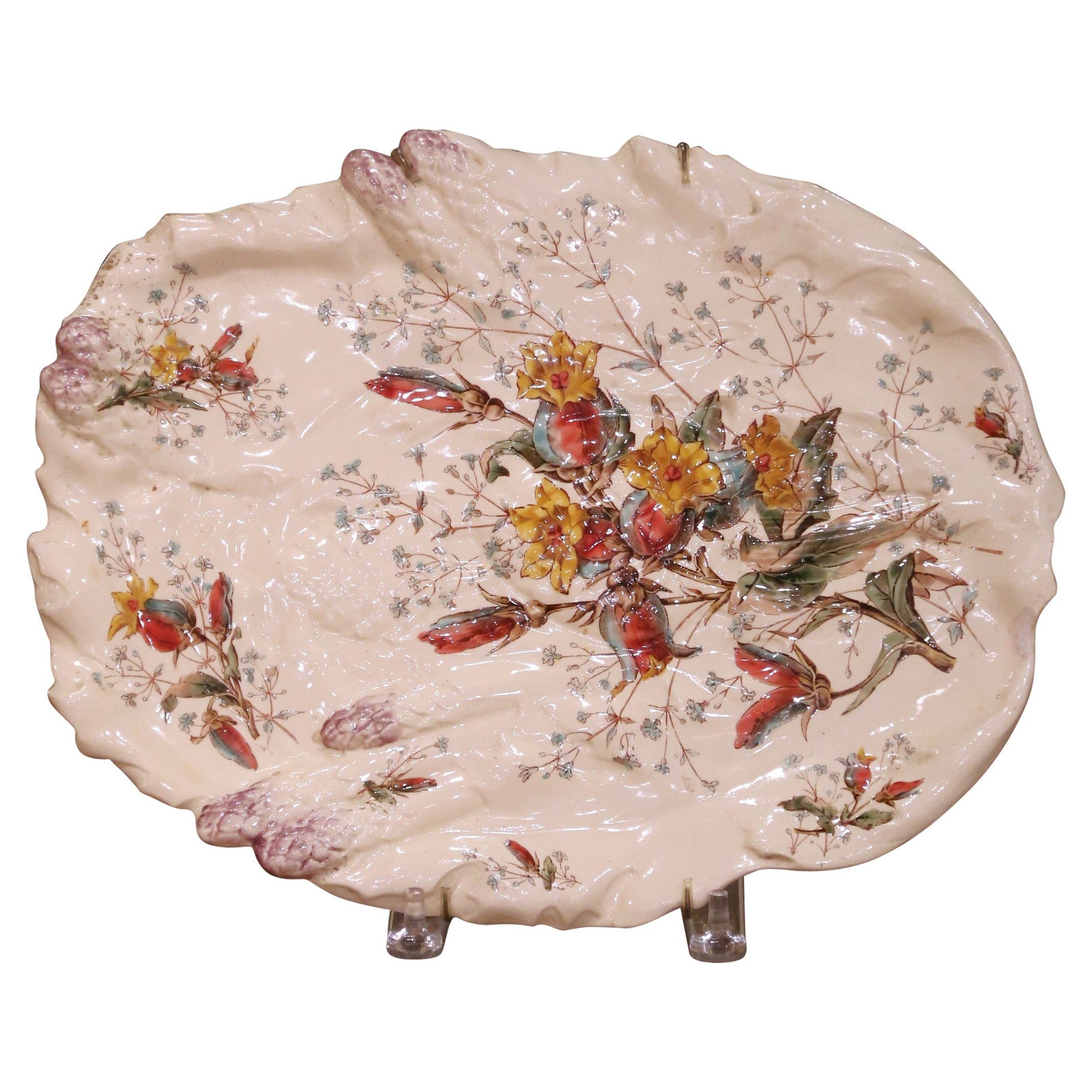 Antique 19th Century French Luneville Campanule Floral Platter: Antique 19th Century French Luneville Campanule Floral Platter This exquisite 19th Century French Luneville "Campanule" Barbotine Floral Platter, crafted circa 1890, showcases the artistry of Keller &