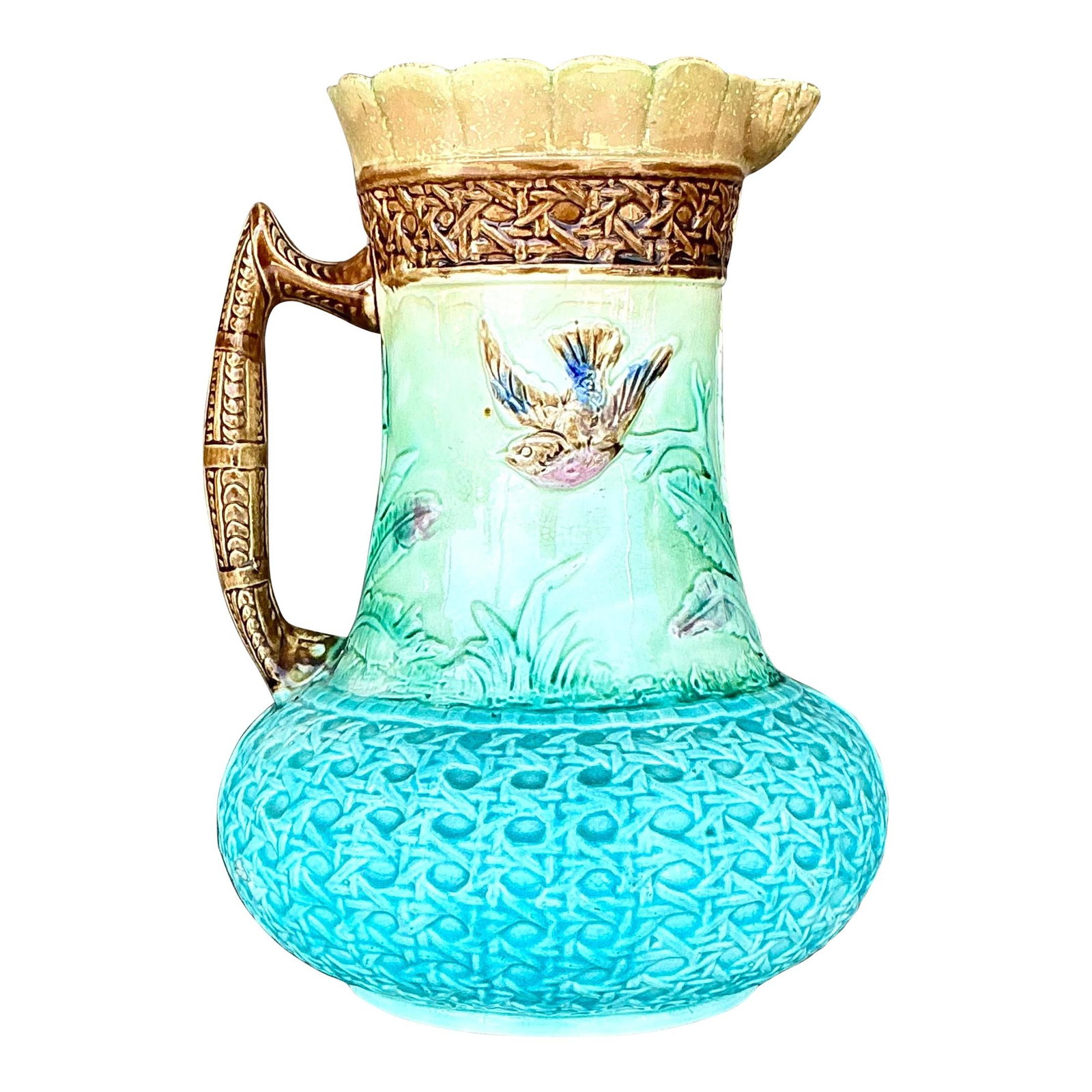 Vintage Regency Majolica Birds Pitcher Vase Sky Blue Ceramic: Vintage Regency Majolica Birds Pitcher Vase Sky Blue Ceramic Enhance your home decor with this Vintage Regency Majolica Birds Vase Pitcher. This exquisite piece features vibrant colors and intricate b