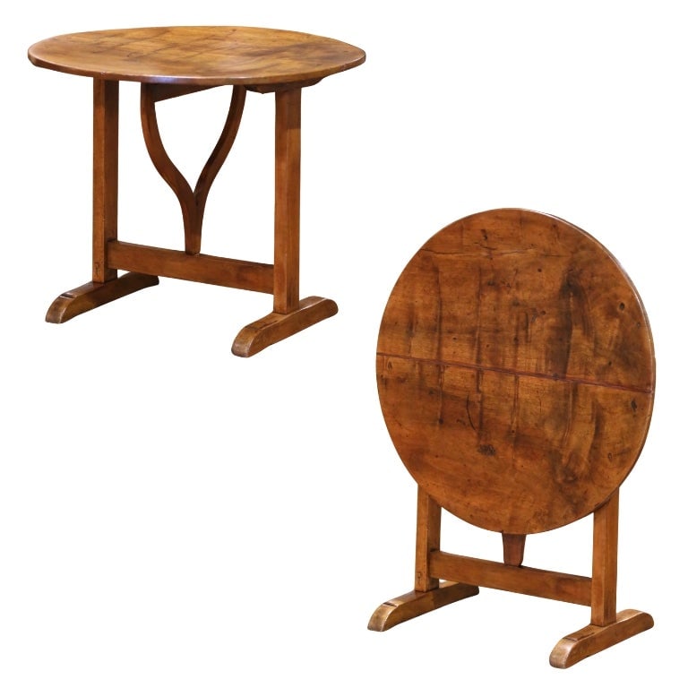 French Walnut Tilt-Top Wine Table with Lyre Stretcher Circa 1850: French Walnut Tilt-Top Wine Table with Lyre Stretcher Circa 1850 This mid-19th century French wine tasting table, known as a "Table de Vigneron," was crafted circa 1850 from solid walnut with hand-car