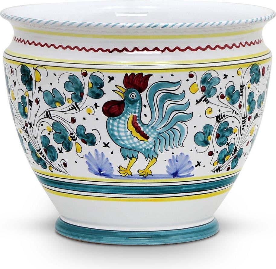 Luxury Handmade Deruta Style Ceramic Cachepot Planter Green Rooster: Luxury Handmade Deruta Style Ceramic Cachepot Planter Green Rooster Elevate your home decor with this stunning Handmade Deruta Style Cachepot Planter. This luxurious ceramic planter features a vibrant