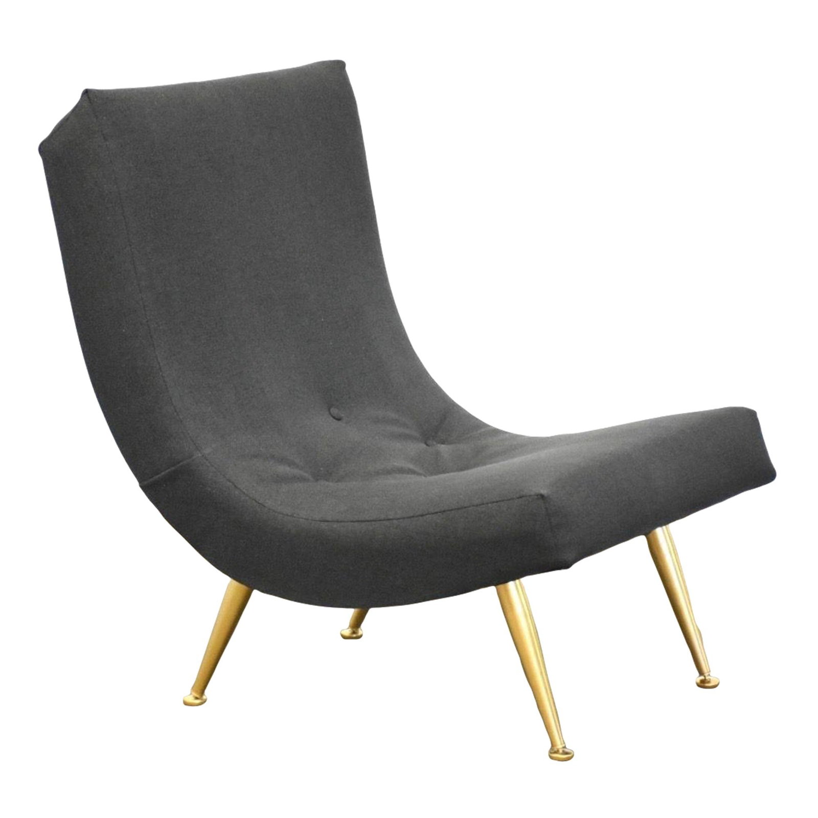 Adrian Pearsall Inspired Dark Gray Brass Scoop Lounge Chair: Adrian Pearsall Inspired Dark Gray Brass Scoop Lounge Chair This mid-century modern scoop lounge chair showcases a stylish dark grey upholstery complemented by elegant brass accents, reflecting the ic