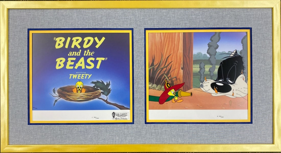 Kitty Kornered Framed Limited Edition Cel Tweety Sylvester by Bob Clampett: Kitty Kornered Framed Limited Edition Cel Tweety Sylvester by Bob Clampett This is a limited edition hand-painted animation cel featuring the Looney Tunes characters Sylvester and Tweety, illustrated 