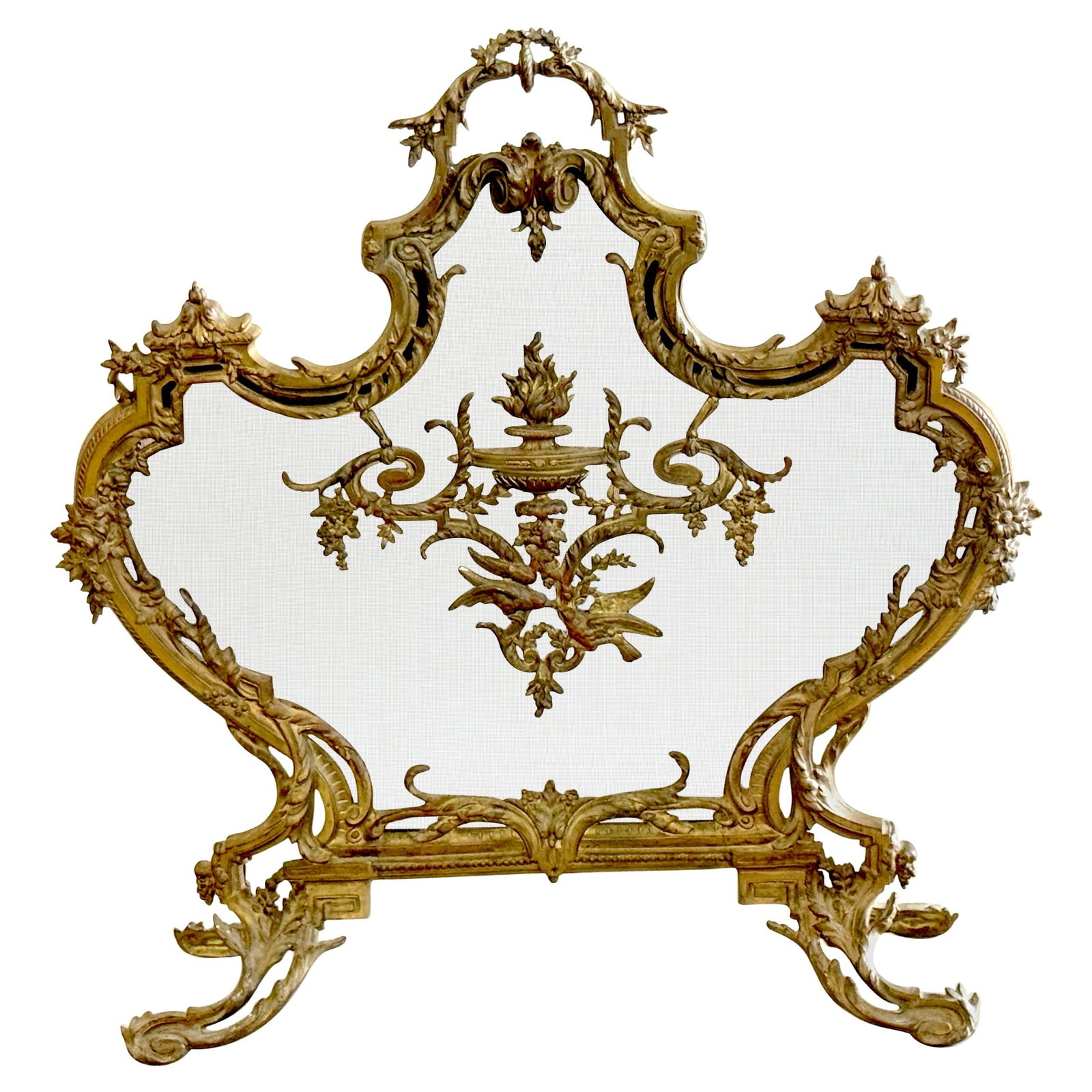 Louis XVI Style Gilt Ormolu Blackened Mesh Fire Screen France 1890s: Louis XVI Style Gilt Ormolu Blackened Mesh Fire Screen France 1890s This exquisite French Louis XVI Style Fire Screen showcases a masterful blend of gilt ormolu and blackened mesh, reflecting the eleg