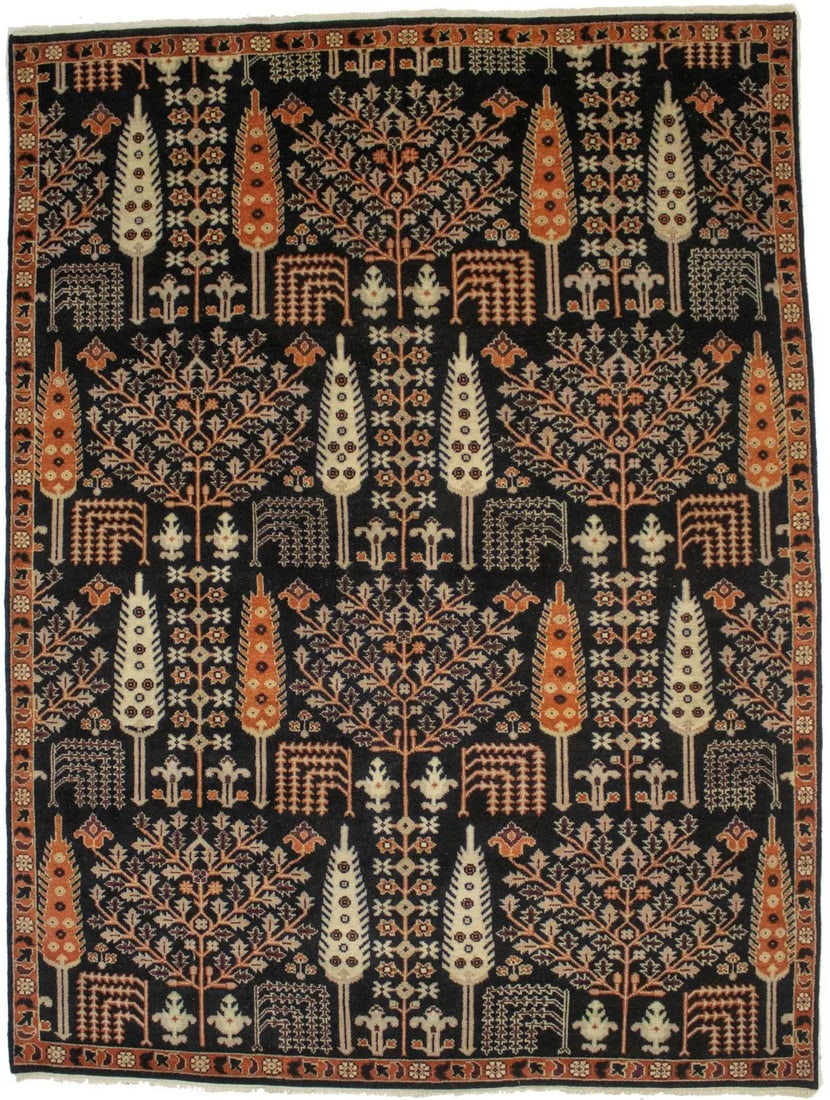 Wool Area Rug 8'11 x 11'11 Hand-Knotted Chobi Tree of Life Black Floral: Wool Area Rug 8'11 x 11'11 Hand-Knotted Chobi Tree of Life Black Floral This handmade Chobi Tree of Life Oriental rug features a striking black background accented with orange, cream, maroon, and red 