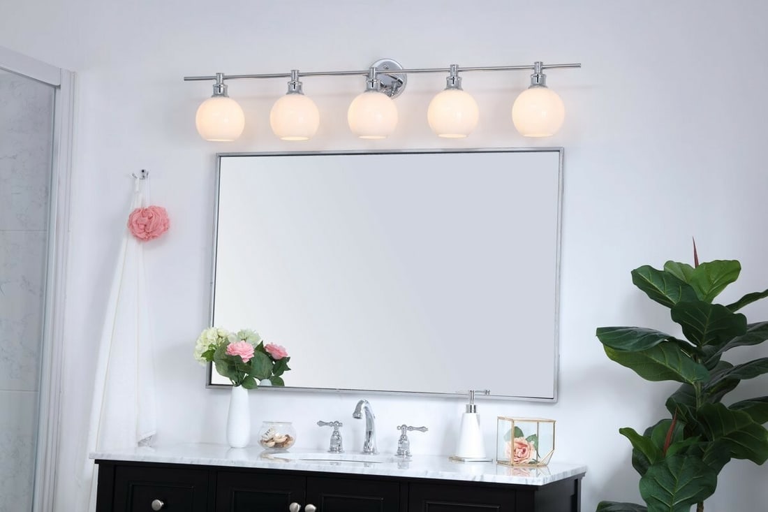 Collier 5 Light 47 Inch Modern Chrome Wall Sconce With Frosted White Glass Shades: Collier 5 Light 47 Inch Modern Chrome Wall Sconce With Frosted White Glass Shades This modern wall sconce features a polished chrome finish and frosted white glass shades, offering five lights to brig