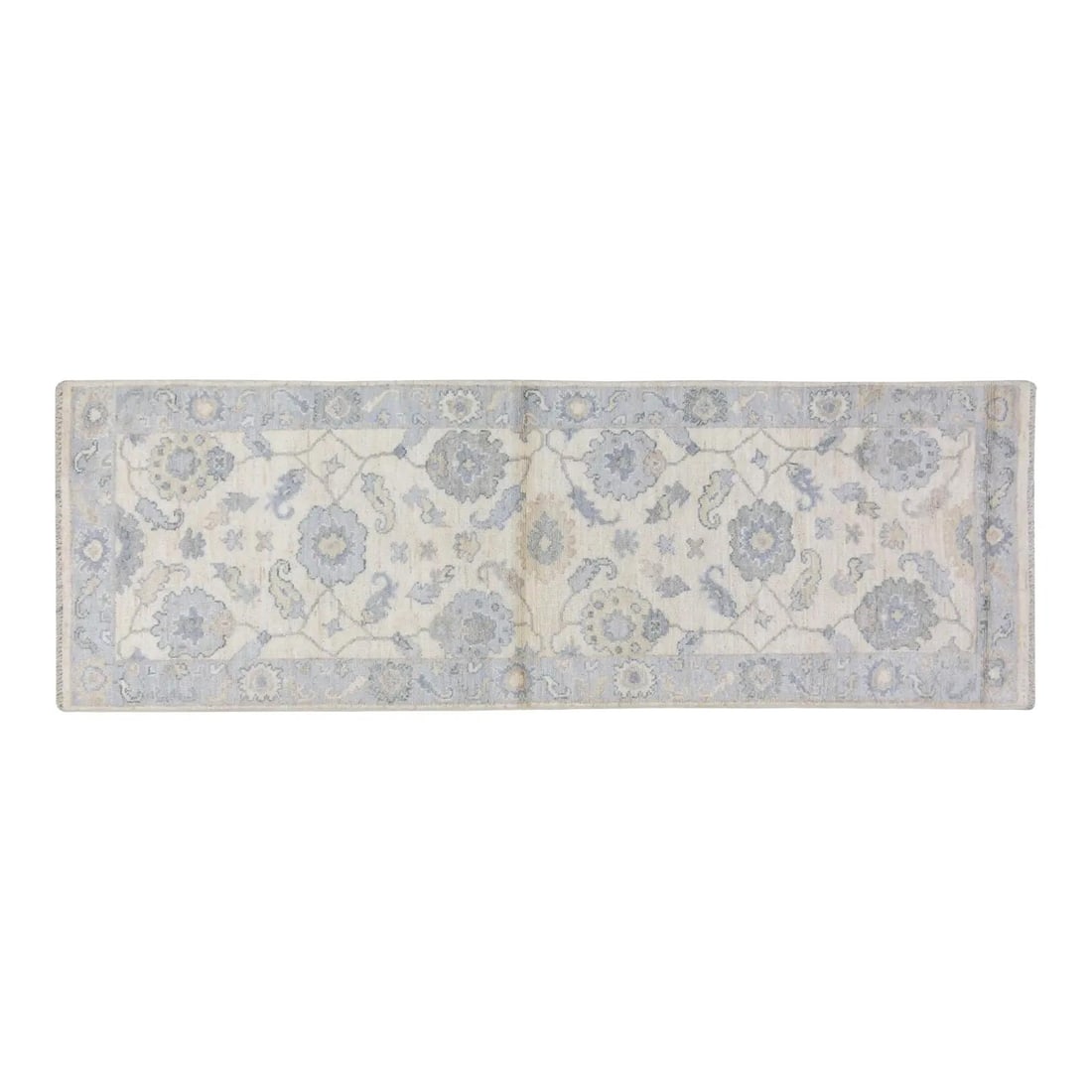 Hand-Knotted Wool Oushak Rug Light Gray 3'x9' Pakistan: Hand-Knotted Wool Oushak Rug Light Gray 3'x9' Pakistan This hand-knotted wool rug from Pakistan features traditional craftsmanship combined with a modern design sensibility. Crafted with care, its sof