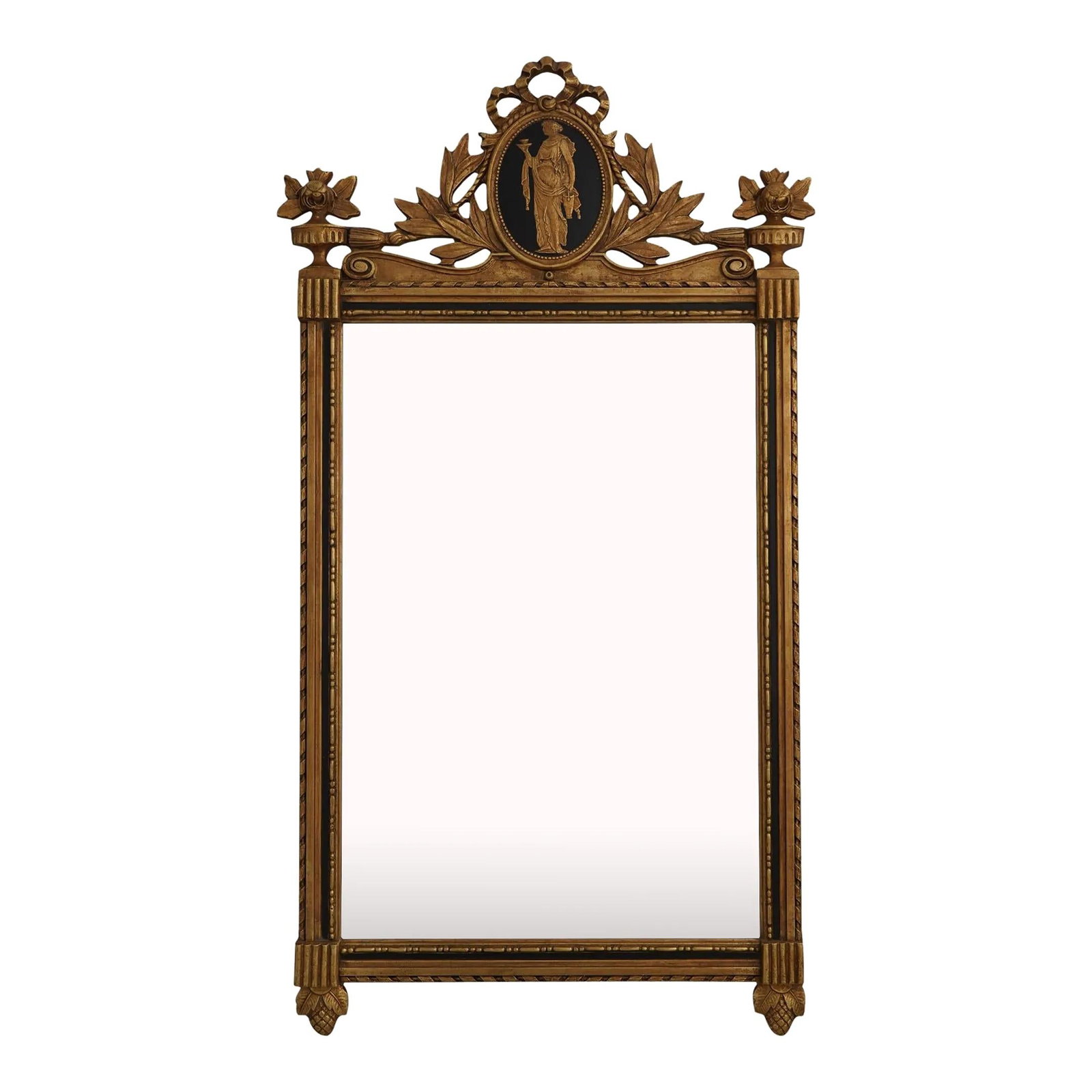 Friedman Brothers Neoclassical Gold Mirror with Ribbon Carvings 28x50.5: Friedman Brothers Neoclassical Gold Mirror with Ribbon Carvings 28x50.5 This stunning Neoclassical mirror from Friedman Brothers features a beautifully crafted gold frame with intricate ribbon carving