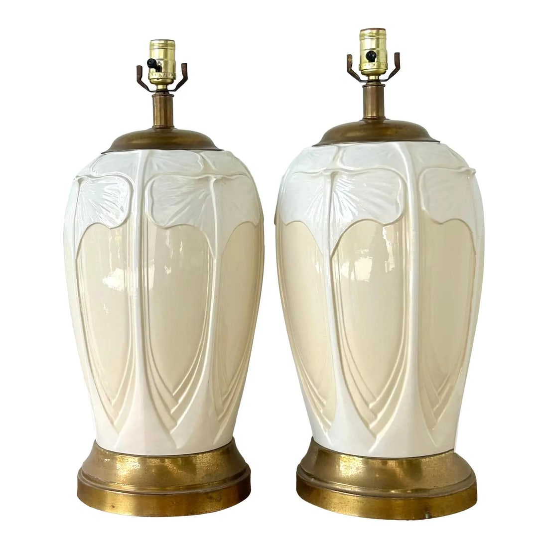 Pair of Ginkgo Leaf Motif Ceramic Table Lamps with Brass Bases: Pair of Ginkgo Leaf Motif Ceramic Table Lamps with Brass Bases This pair of vintage Frederick Cooper table lamps features an embossed ginkgo leaf motif on glazed ceramic bodies, finished in a high-glo