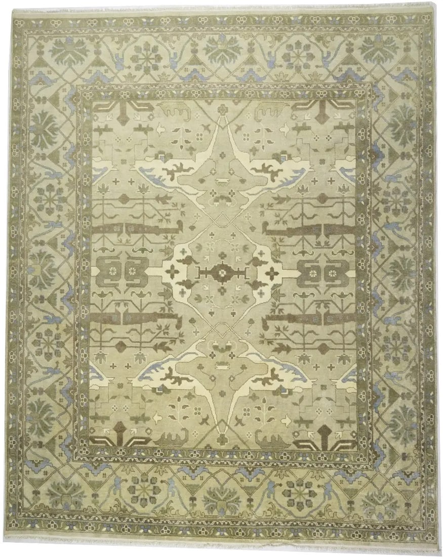 Hand-Knotted Wool Floral Oushak Rug 12'0 x 14'10 Modern Beige Area Carpet: Hand-Knotted Wool Floral Oushak Rug 12'0 x 14'10 Modern Beige Area Carpet This oversized Oushak Oriental rug features a muted beige color palette with floral patterns, ideal for adding a sophisticated