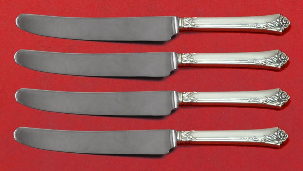 Oneida Damask Rose Sterling Silver 4pc Fruit Knife Set 7in Custom Made: Oneida Damask Rose Sterling Silver 4pc Fruit Knife Set 7in Custom Made This exquisite 4-piece fruit knife set features the elegant Damask Rose pattern by Oneida. Each knife is custom made with a sterl