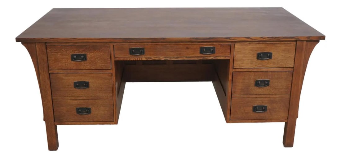 Mission Style Oak Executive Desk in Arts and Crafts Design by Stickley: Mission Style Oak Executive Desk in Arts and Crafts Design by Stickley This large executive desk features classic Arts & Crafts styling and is crafted from oak with a brown finish. Made circa 1999, it