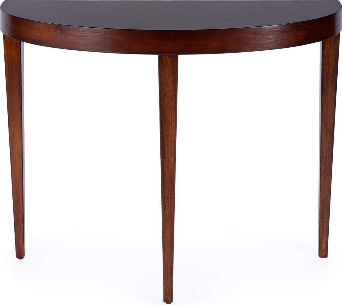 Butler Mid-Century Ingrid Half Round Console in Traditional Burl Brown: Butler Mid-Century Ingrid Half Round Console in Traditional Burl Brown Elevate your entryway or living space with the Mid-Century Ingrid Half Round Console. This stylish demilune console table feature