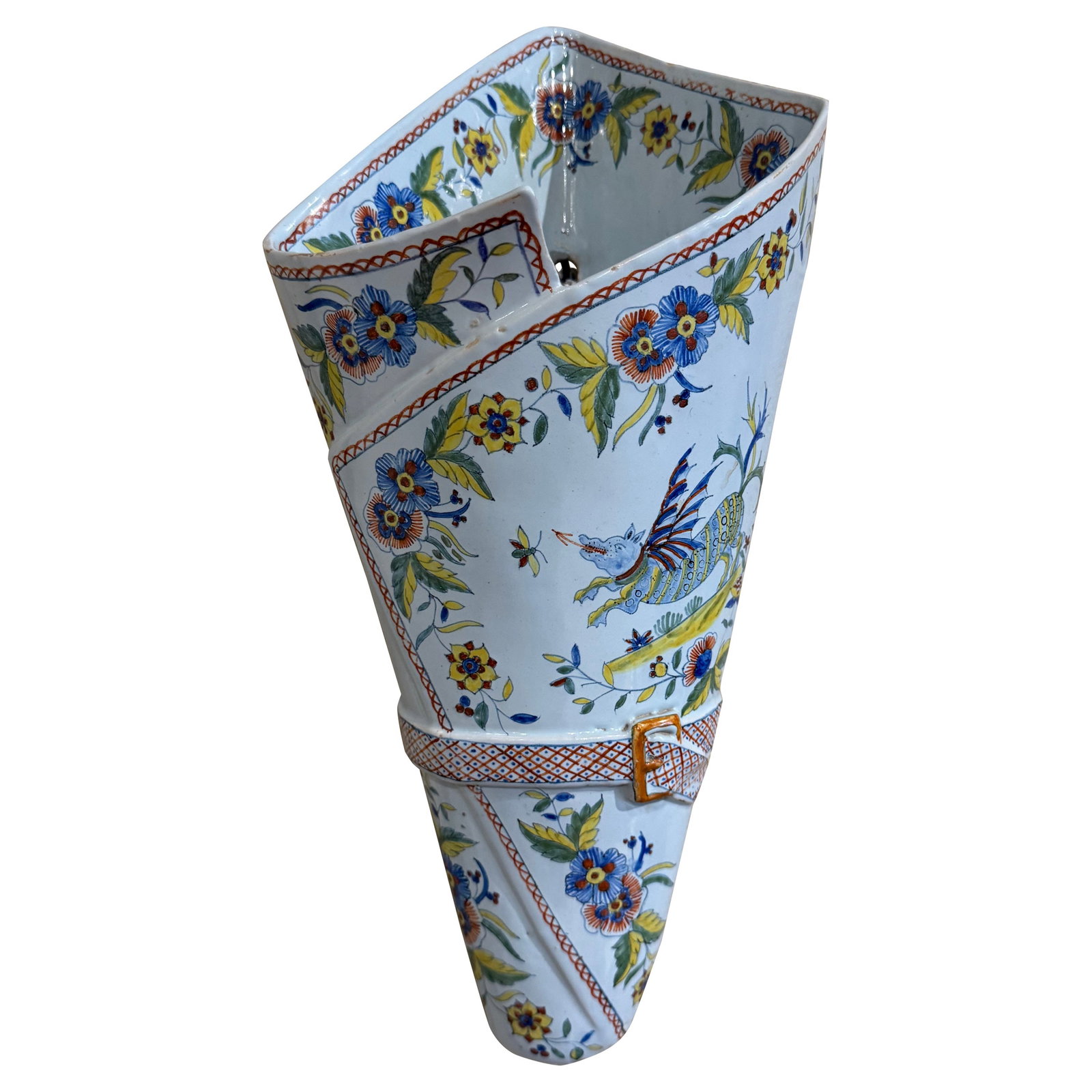 19th Century French Hand Painted Quimper Wall Pocket by Porquier Beau: 19th Century French Hand Painted Quimper Wall Pocket by Porquier Beau This exquisite 19th Century French hand-painted faience wall pocket, crafted by Porquier Beau, showcases a bombe and tapered shape