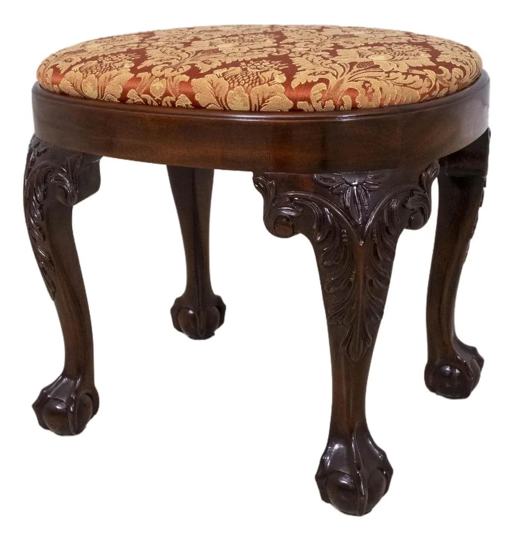 Chippendale Style Mahogany Ottoman with Damask Upholstery: Chippendale Style Mahogany Ottoman with Damask Upholstery This exquisite Damask Upholstered Ball & Claw Mahogany Ottoman features a timeless Chippendale design, showcasing fine carved details and high