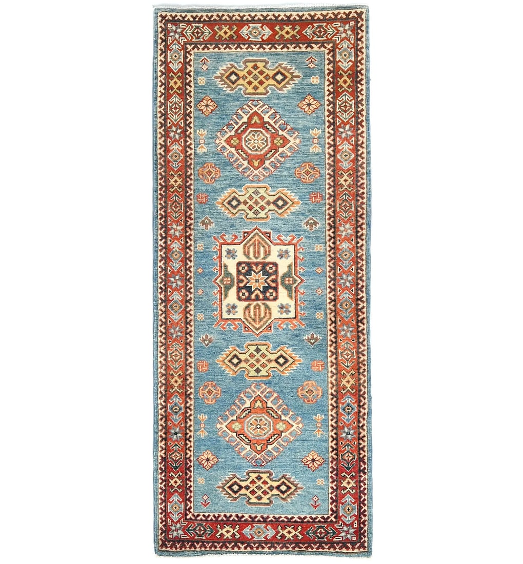Handmade Kazak Tribal Geometric Wool Rug 2'3 x 5'7 Modern Boho Decor: Handmade Kazak Tribal Geometric Wool Rug 2'3 x 5'7 Modern Boho Decor This exquisite handmade Kazak Oriental rug showcases a vibrant blue tribal geometric design, perfect for enhancing your boho decor.