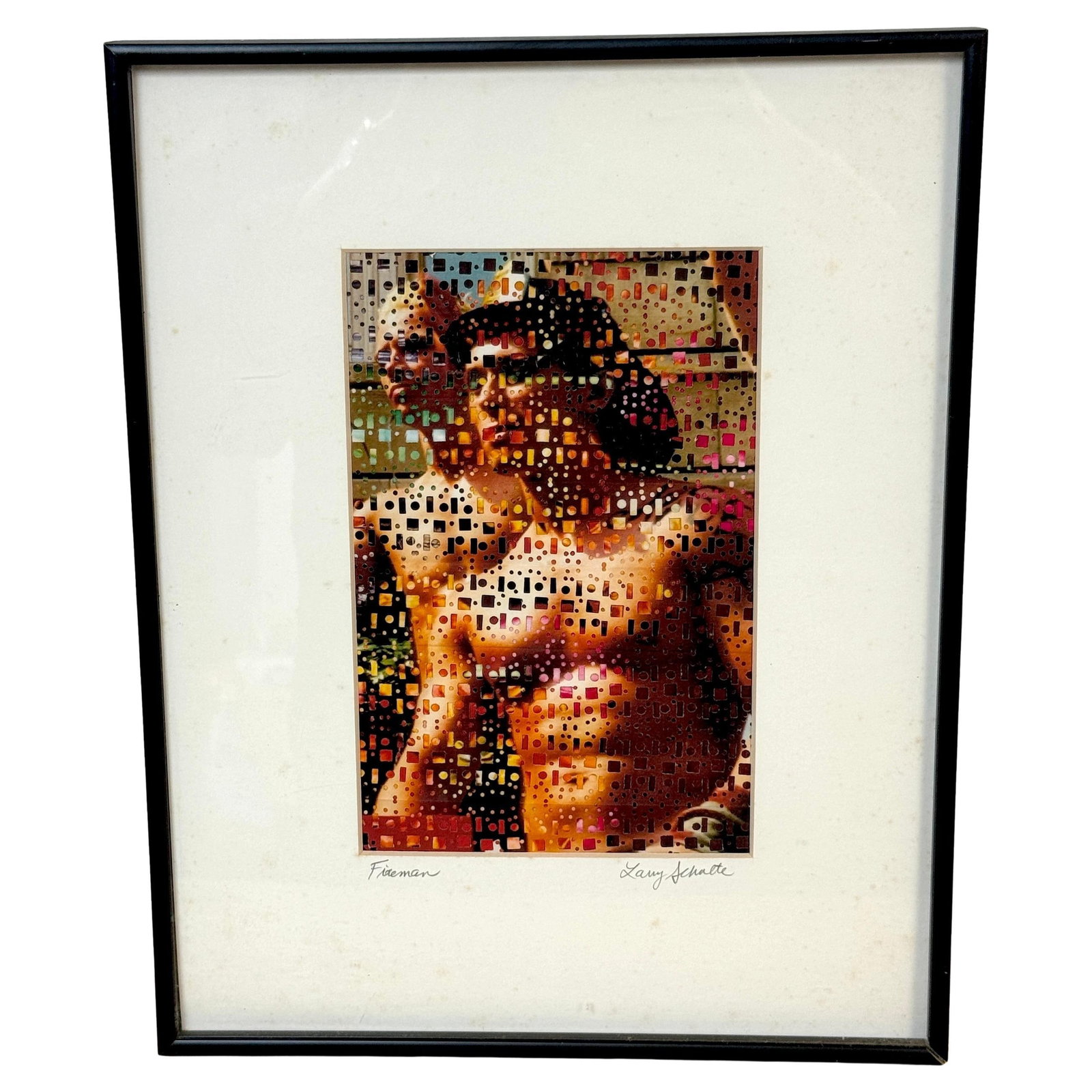 Larry Schulte Fireman 2003 Mixed Media Art Modern Collage: Larry Schulte Fireman 2003 Mixed Media Art Modern Collage Presenting 'Fireman' (2003), a captivating mixed media artwork by Larry Schulte, renowned for his innovative techniques in painting and weavin