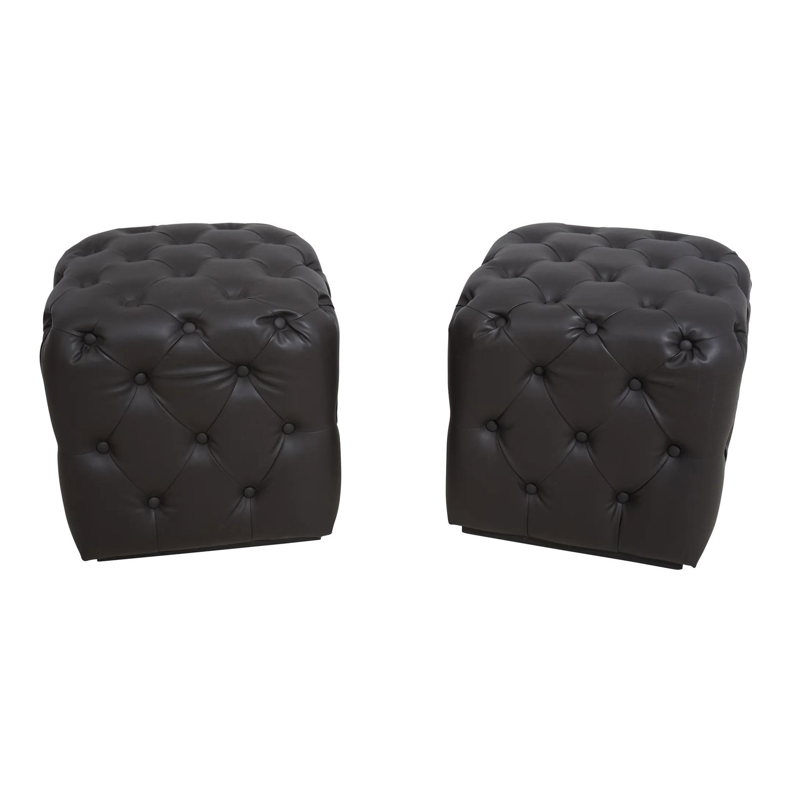 Modern Chesterfield Style Pair of Brown Faux Leather Ottoman Stools: Modern Chesterfield Style Pair of Brown Faux Leather Ottoman Stools This pair of square tufted modern Chesterfield style ottoman stools combines elegance and comfort, featuring a stylish design in bro