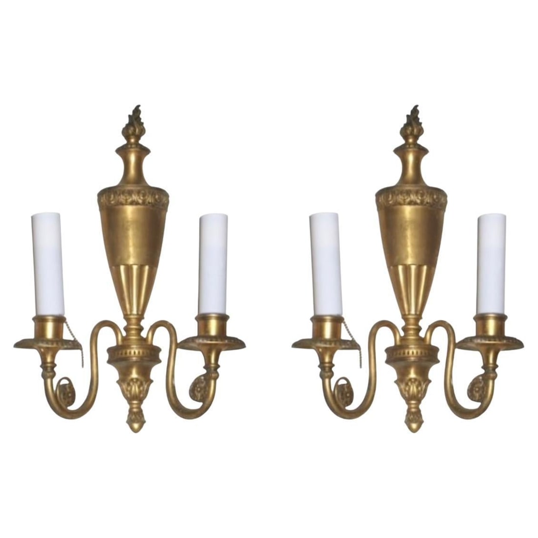 Set of Two Neoclassical Bronze Adam Style Sconces Attributed to Caldwell: Set of Two Neoclassical Bronze Adam Style Sconces Attributed to Caldwell This pair of antique neoclassical Adam style bronze two-light sconces is attributed to Caldwell. Crafted in the 20th century wi