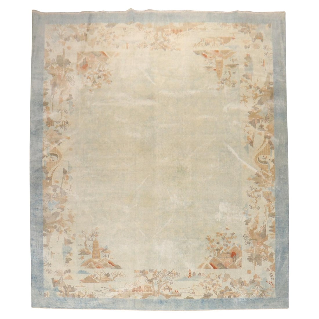 Zabihi Antique Chinese Scenic Hand-Knotted Carpet 106 x 139 in: Zabihi Antique Chinese Scenic Hand-Knotted Carpet 106 x 139 in Discover the exquisite Zabihi Collection Antique Chinese Scenic Room Size Carpet, a stunning example of Chinese Chippendale style. This h