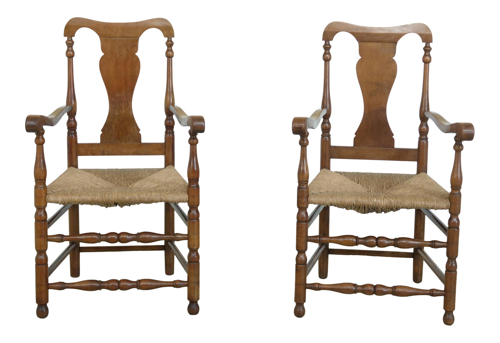 Pair of Signed Wallace Nutting Rush Seat Armchairs Cherry Wood: Pair of Signed Wallace Nutting Rush Seat Armchairs Cherry Wood This exquisite pair of signed Wallace Nutting Rush Seat Armchairs showcases high-quality craftsmanship and a rich history of nearly 100 y