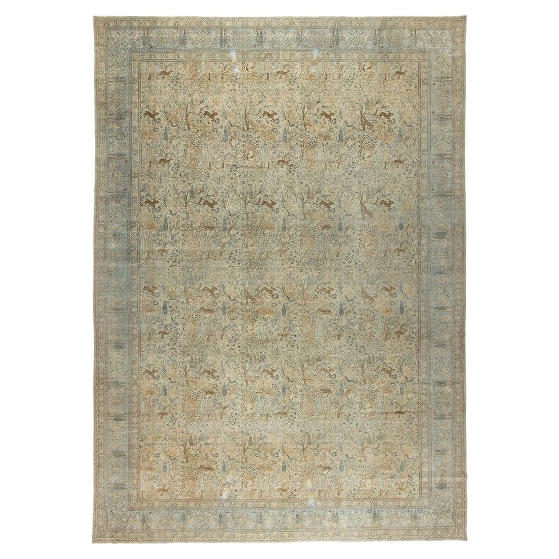 Early 20th Century Persian Tabriz Wool Rug With Animal Design 14'10 x 21'2": Early 20th Century Persian Tabriz Wool Rug With Animal Design 14'10 x 21'2" This early 20th-century Persian Tabriz rug features a large, oversize format with a pictorial animal motif in neutral colors
