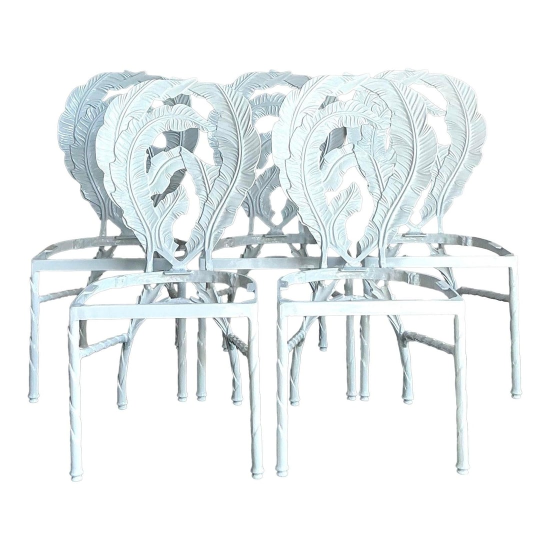 Set of 5 Banana Leaf Cast Aluminum Hollywood Regency Dining Chairs: Set of 5 Banana Leaf Cast Aluminum Hollywood Regency Dining Chairs This set of five vintage Hollywood Regency dining chairs is crafted from durable cast aluminum and features an intricately detailed b