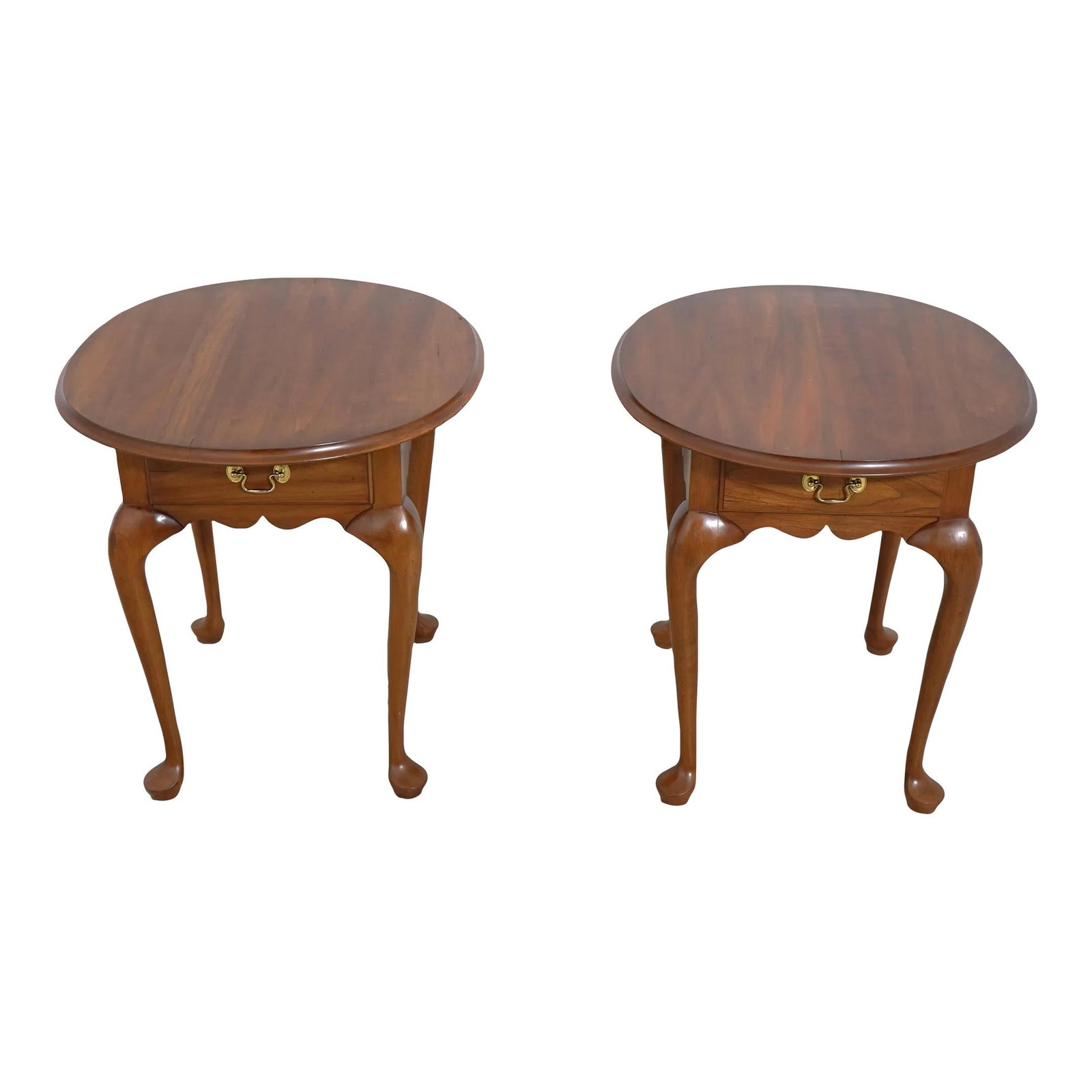 Henkel Harris Cherry Lamp Tables Pair with Dovetailed Drawers: Henkel Harris Cherry Lamp Tables Pair with Dovetailed Drawers This exquisite pair of Henkel Harris cherry wood lamp tables feature a classic Queen Anne design, complete with elegant legs and pad feet.