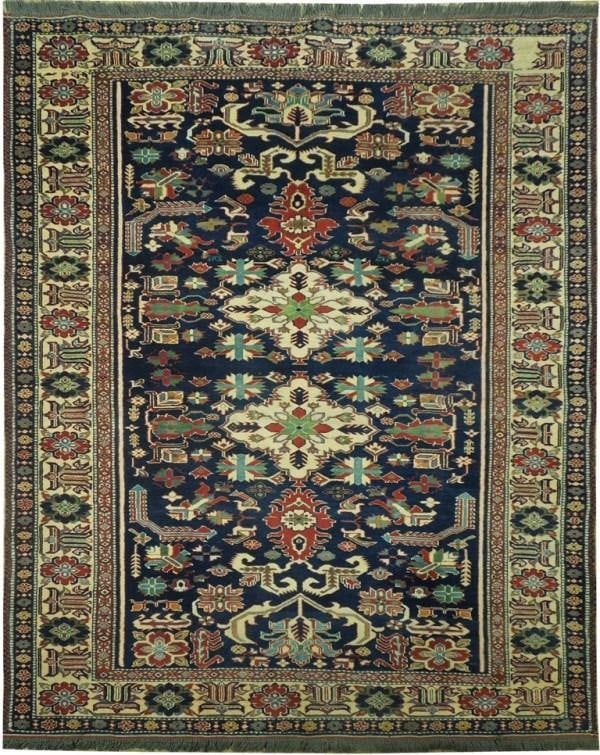 Handcrafted 5.1 x 6.1 Navy Blue Kazak Rug with Geometric Patterns: Handcrafted 5.1 x 6.1 Navy Blue Kazak Rug with Geometric Patterns Free continental US Shipping Enhance your living space with the luxurious 5.1 x 6.1 Navy Blue Kazak Rug. This exquisite piece showcase