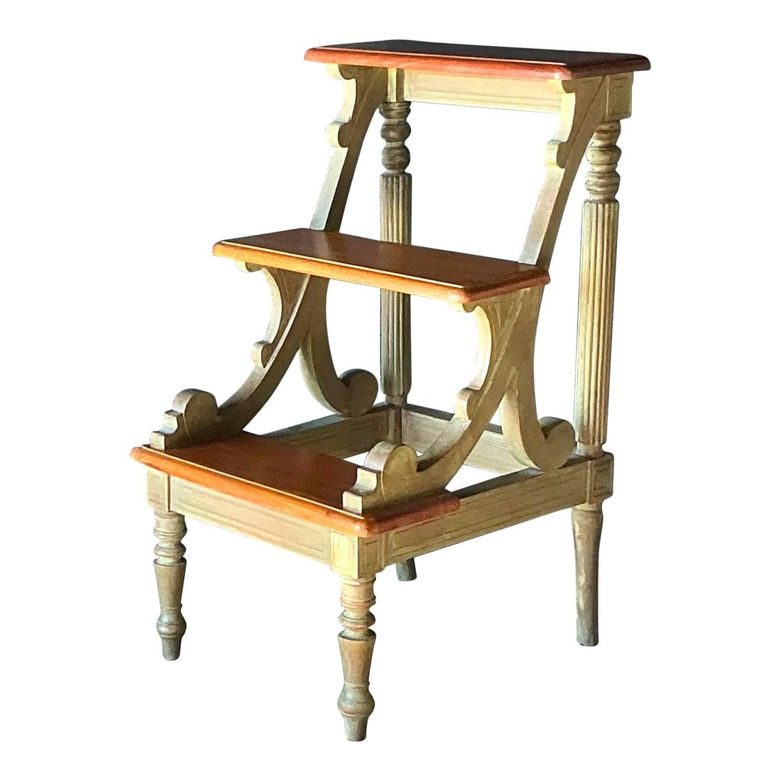Traditional Washed Wood Library Ladder Table With Barley Twist Legs: Traditional Washed Wood Library Ladder Table With Barley Twist Legs This vintage Regency-style library steps piece combines both functionality and classic design. Crafted from solid wood, it features 