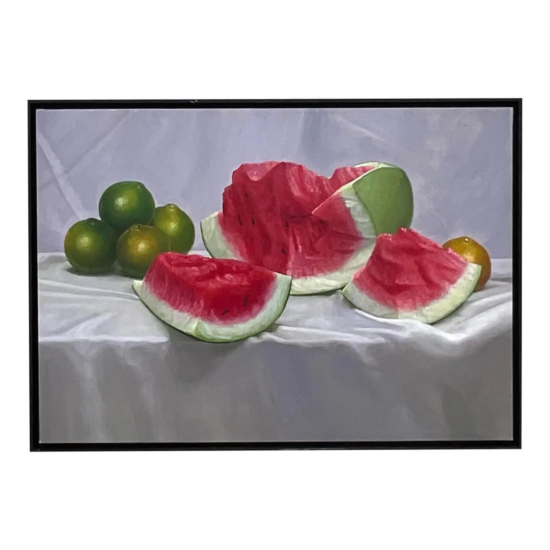 Still Life Oil Painting with Watermelon and Citrus on Canvas Boho Style: Still Life Oil Painting with Watermelon and Citrus on Canvas Boho Style This vintage boho still life oil painting on canvas features vibrant red watermelon slices and citrus fruits, arranged in a harm