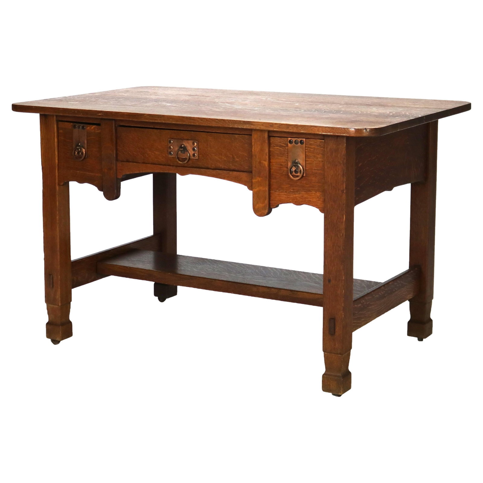 Stickley Brothers Antique Oak Library Table Desk with 3 Drawers C1920: Stickley Brothers Antique Oak Library Table Desk with 3 Drawers C1920 This classic Stickley Brothers library table desk, crafted from oak circa 1920, is a fine example of the Arts and Crafts style. It